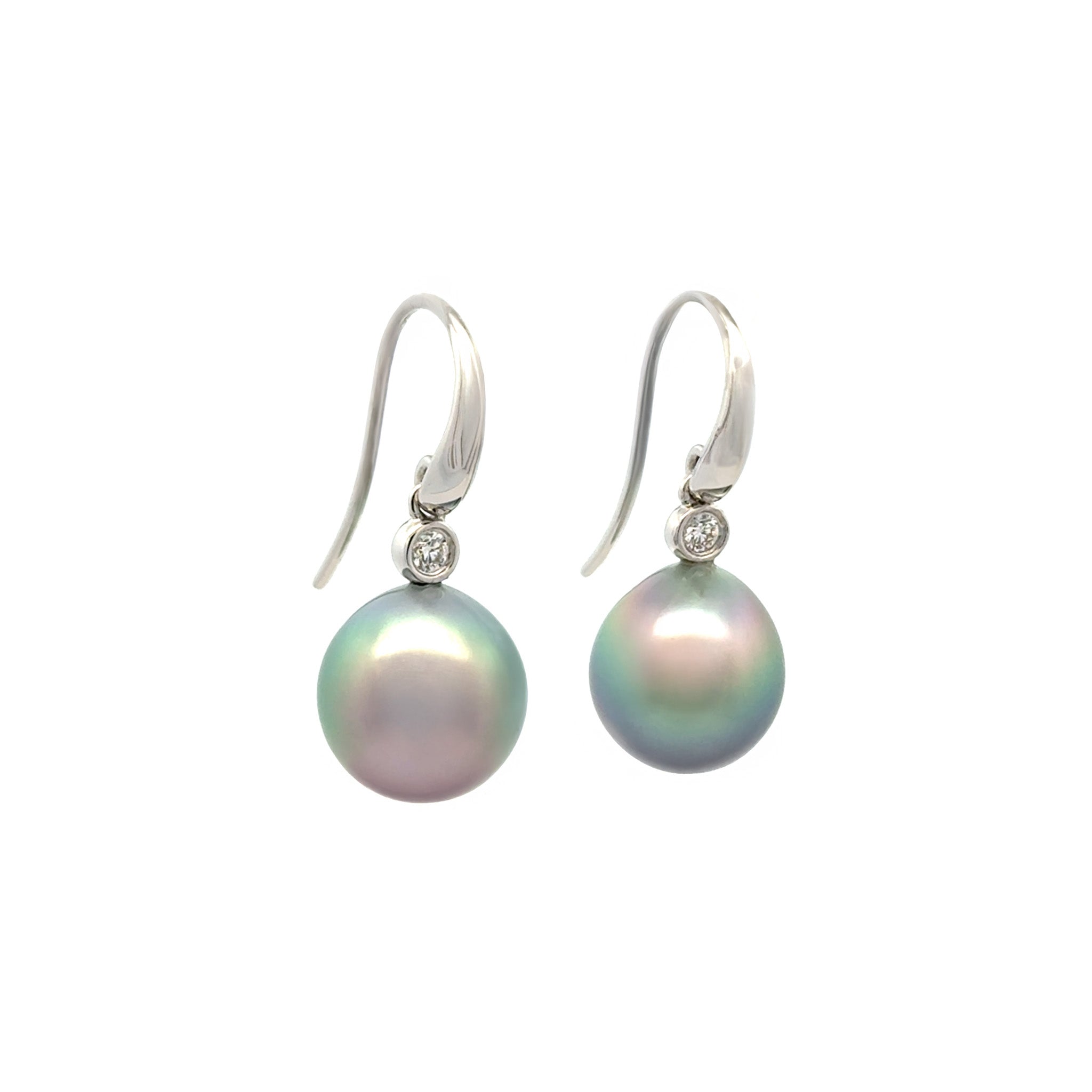 18K White Gold Tahitian 10-11 mm Cultured Pearl and Diamond Hook Earrings