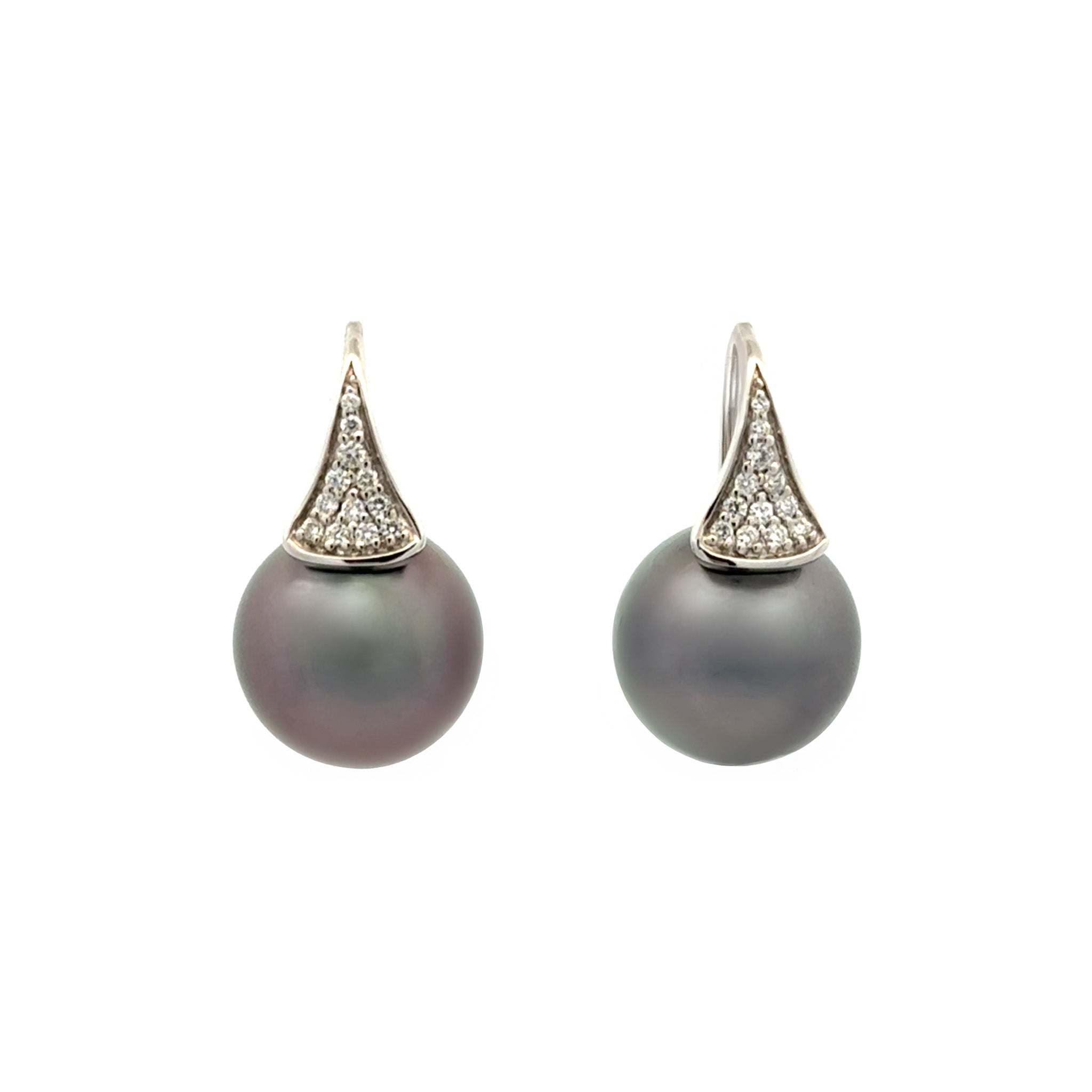 18K White Gold Tahitian 11-12 mm Cultured Pearl and Diamond Hook Earrings front view on white background