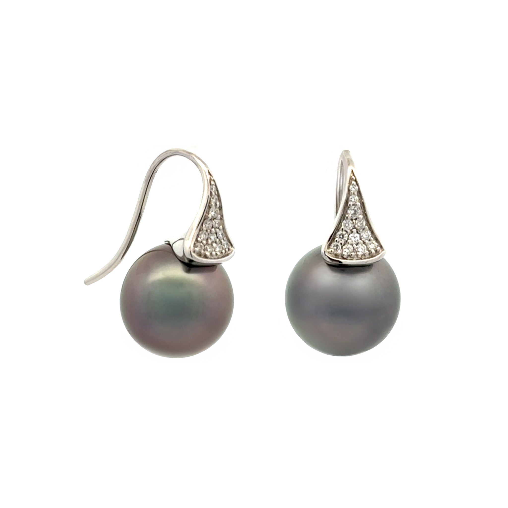 18K White Gold Tahitian 11-12 mm Cultured Pearl and Diamond Hook Earrings side and front view on white background