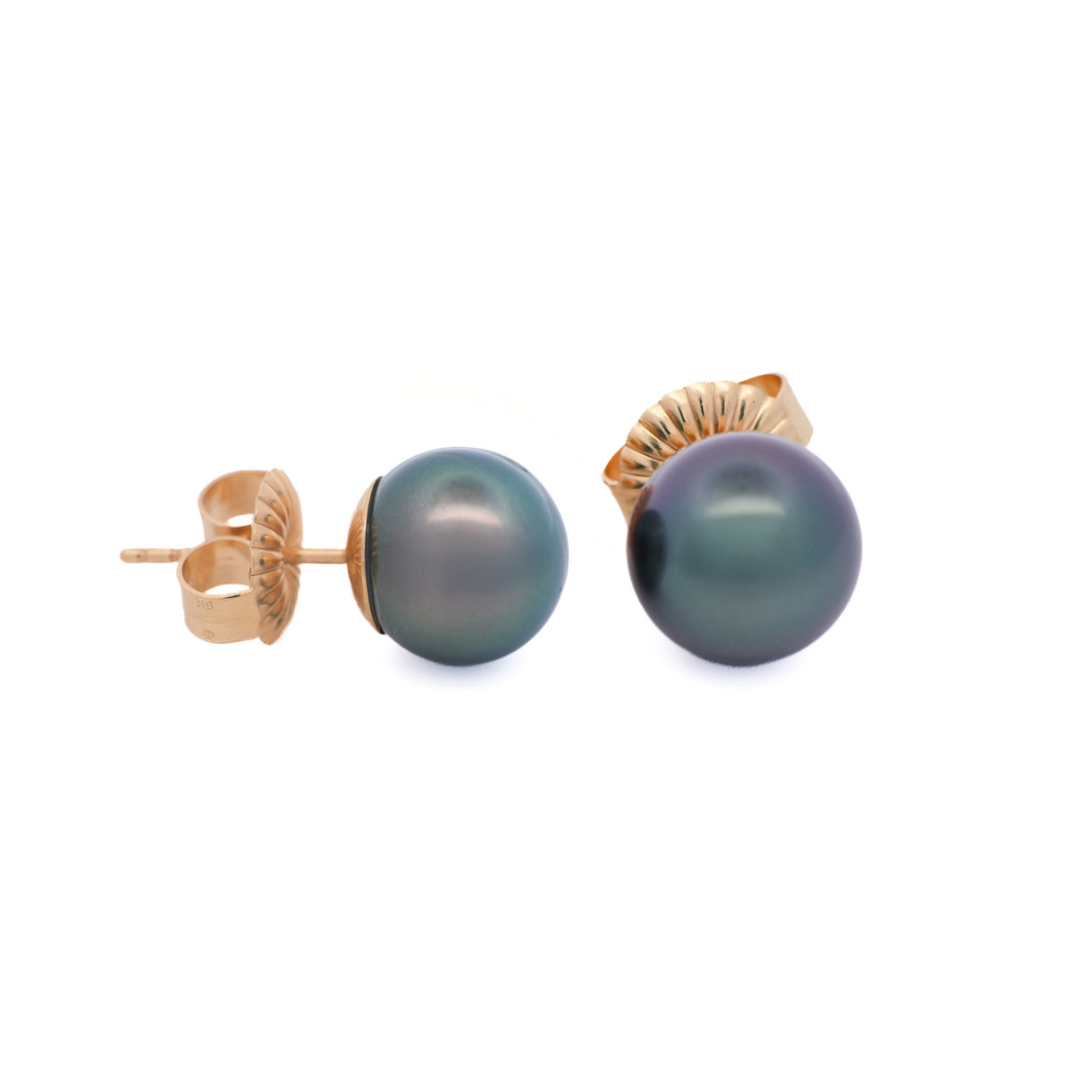 9K Yellow Gold Tahitian 10-11 mm Cultured Pearl Stud Earrings side view