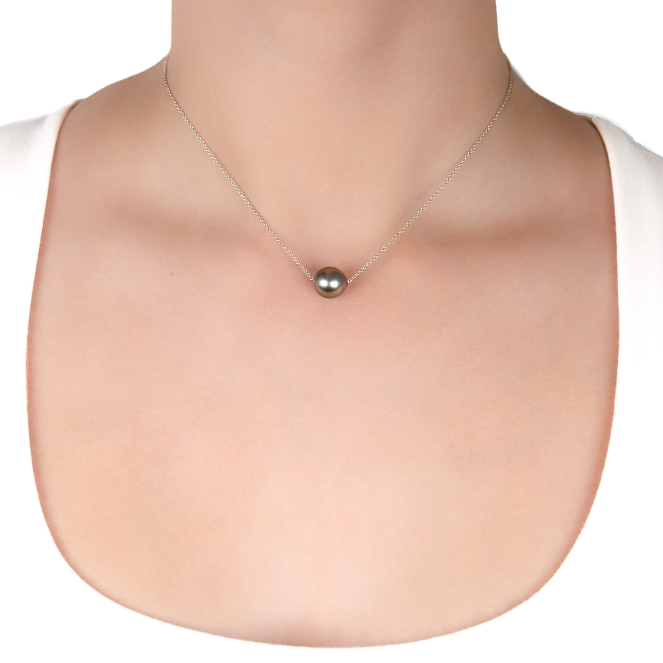 Sterling Silver Tahitian 10 - 11mm Cultured Pearl Necklace on a model