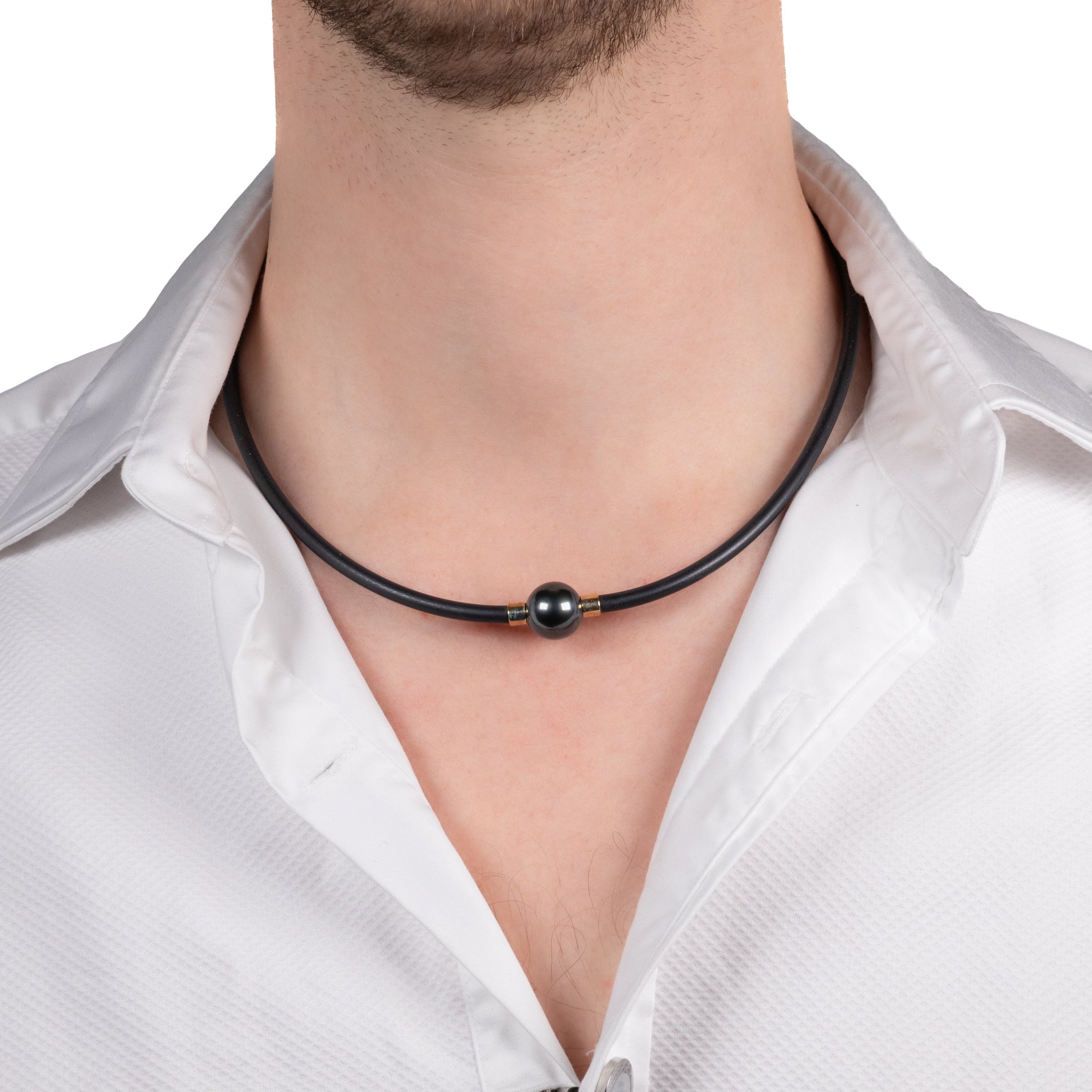 9K Yellow Gold Tahitian 13-14mm Cultured Pearl Neoprene Necklace worn on a male model with a white background