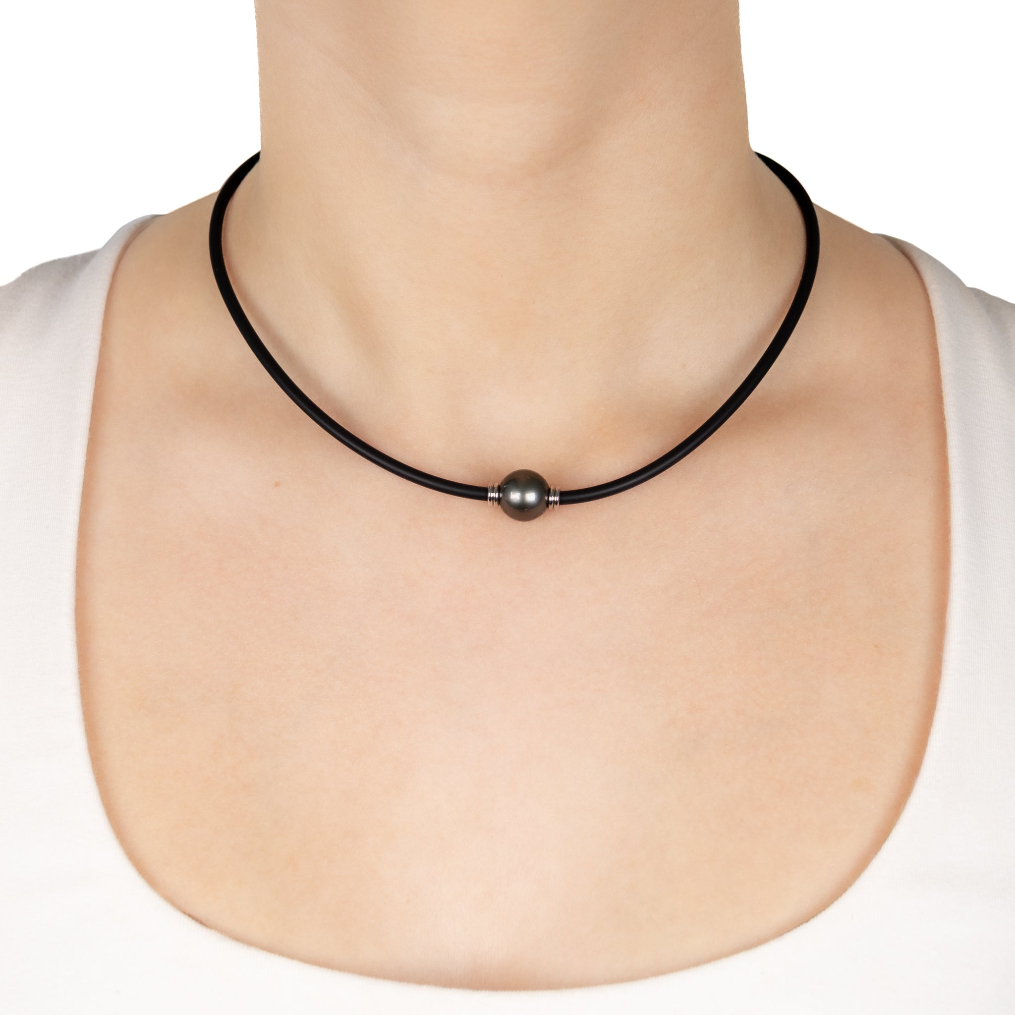 Sterling Silver Tahitian 11-12mm Cultured Pearl Neoprene Necklace