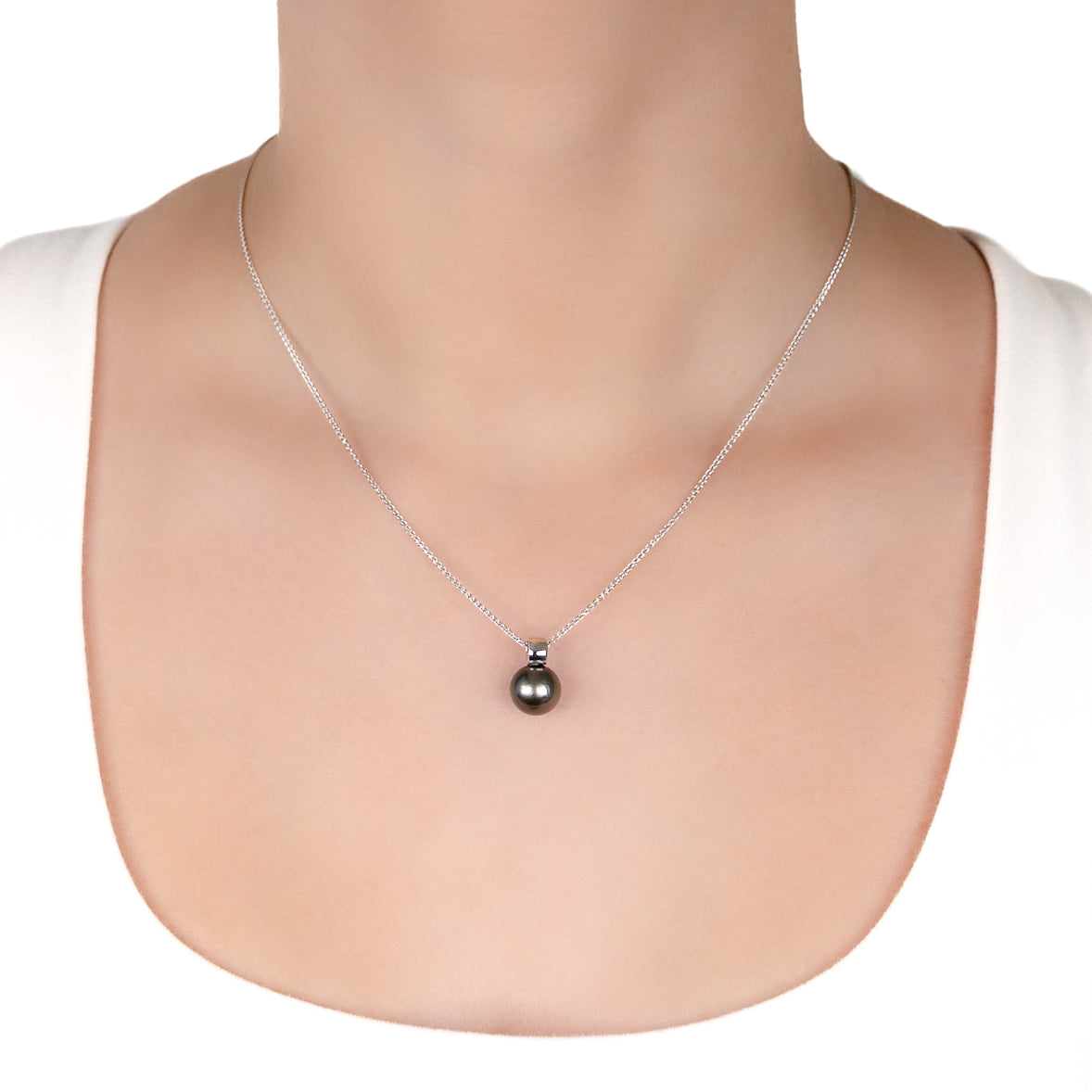 9K White Gold Tahitian 10-11mm Cultured Pearl Pendant on a model