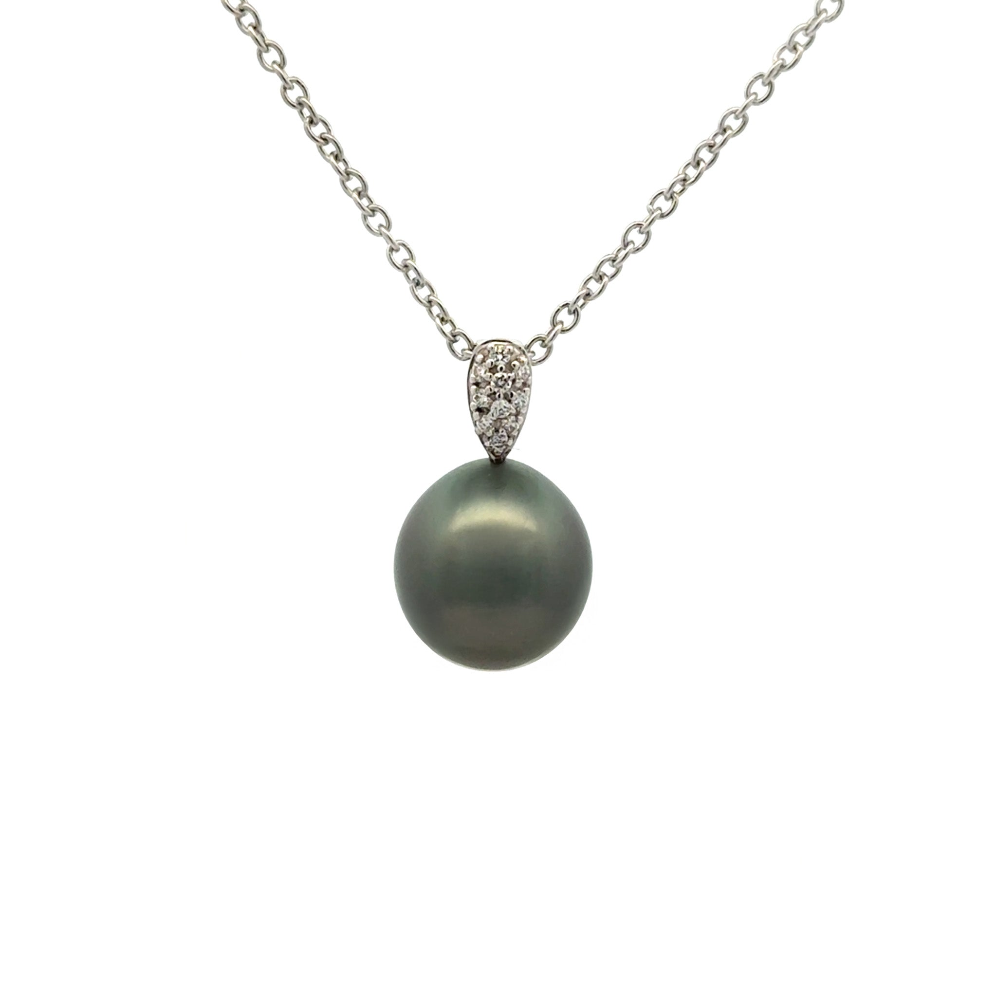 18K White Gold Tahitian 11-12 mm Cultured Pearl and Diamond Pendant front view