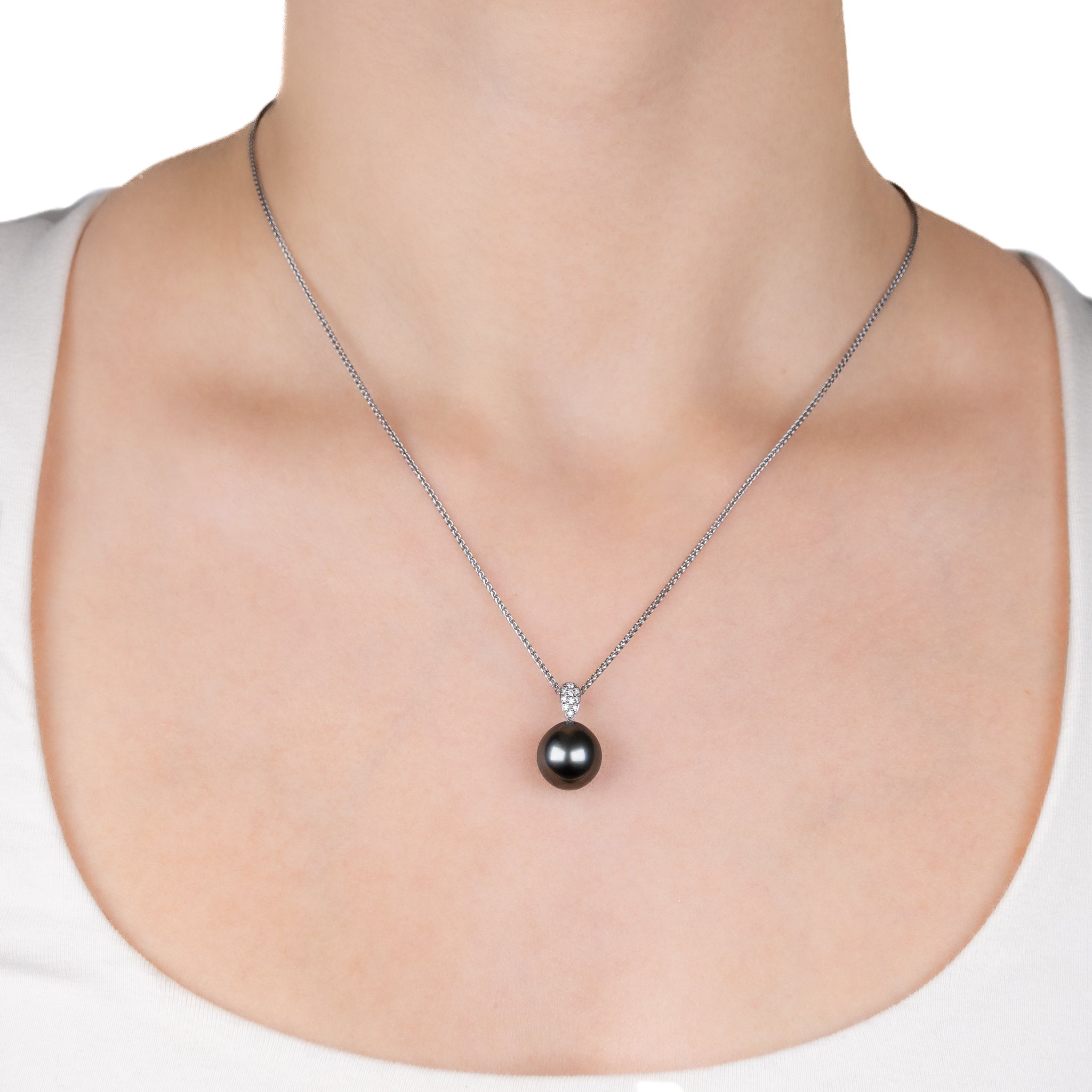 18K White Gold Tahitian 11-12 mm Cultured Pearl and Diamond Pendant