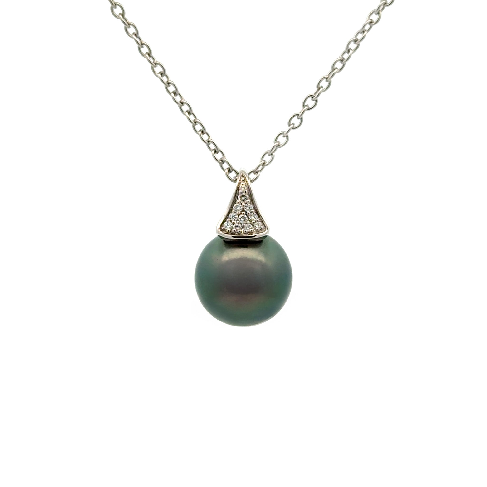 18K White Gold Tahitian 11-12 mm Cultured Pearl and Diamond Pendant front view