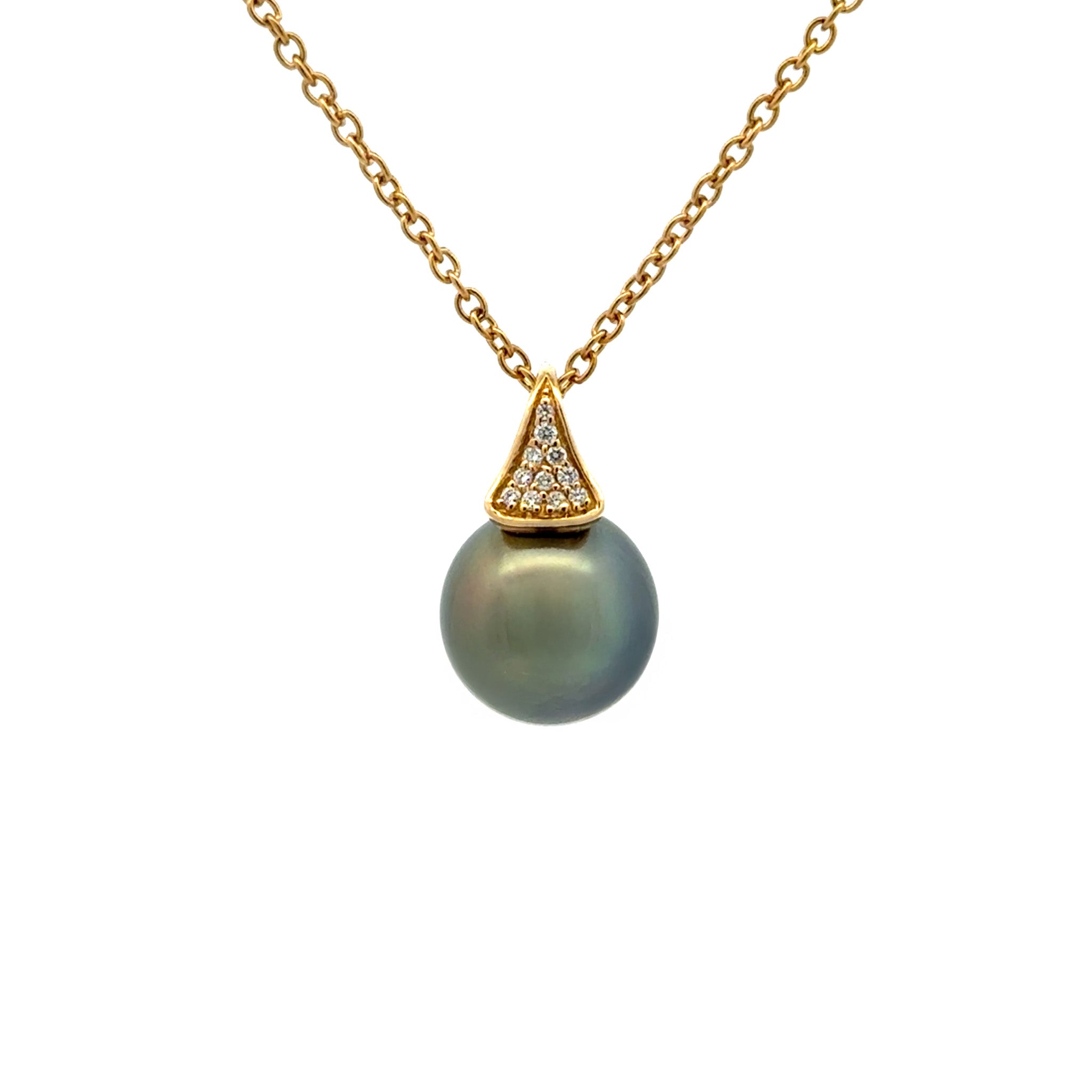 18K Yellow Gold Tahitian 11-12 mm Cultured Pearl and Diamond Pendant front view