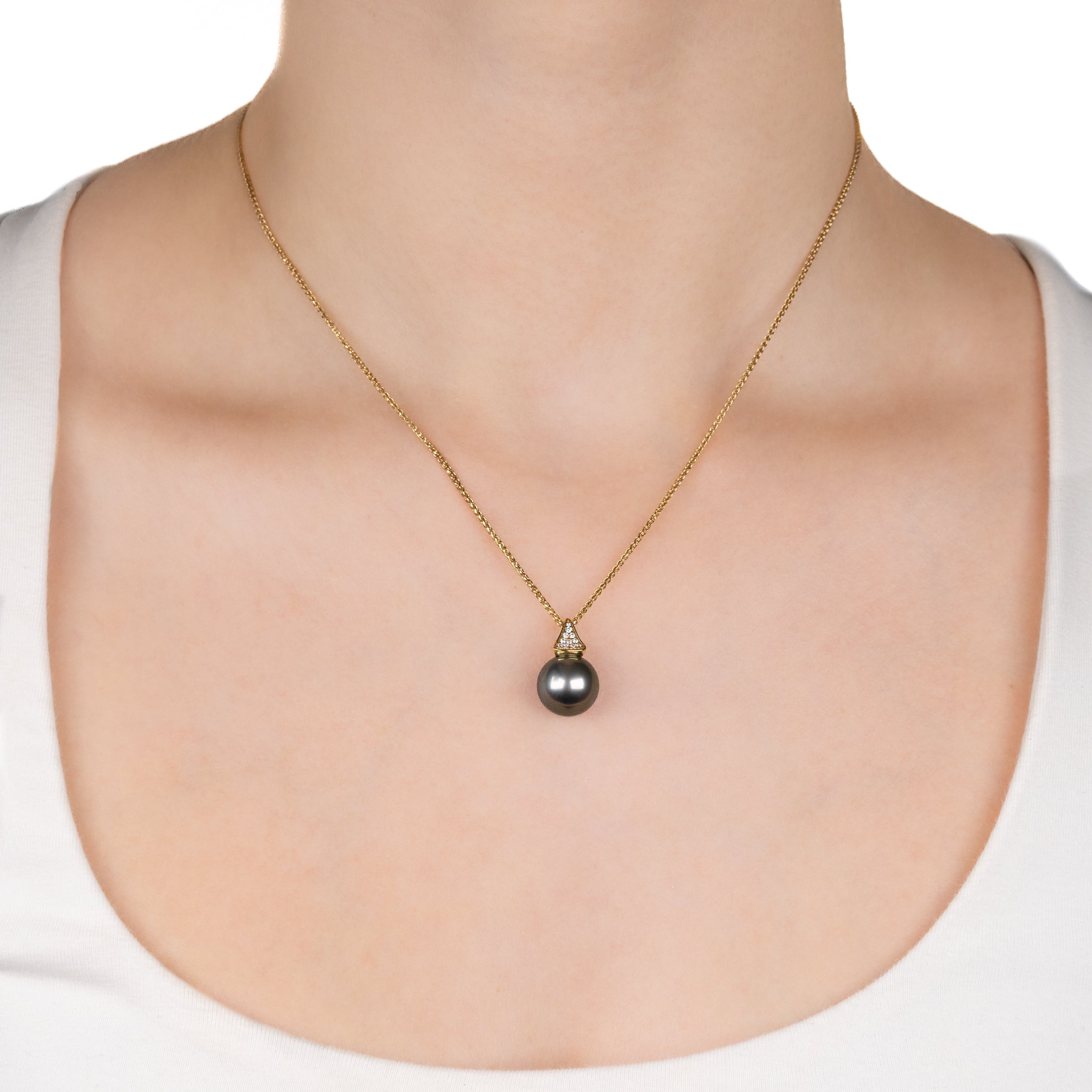 18K Yellow Gold Tahitian 11-12 mm Cultured Pearl and Diamond Pendant