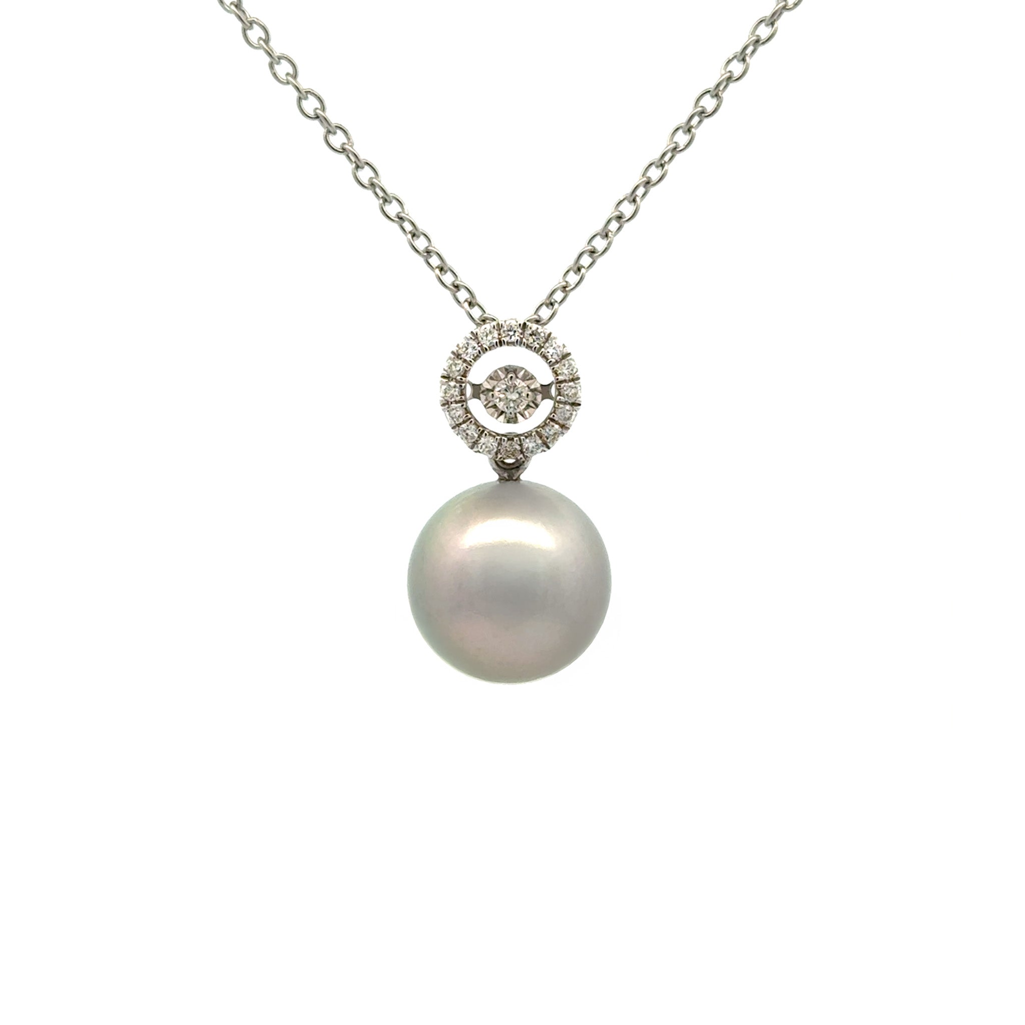 18K White Gold Tahitian 12-13 mm Cultured Pearl and Diamond Pendant front view