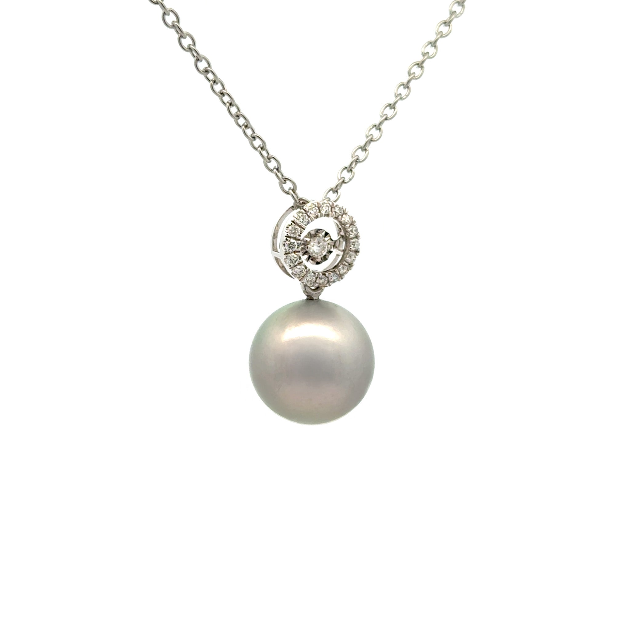 18K White Gold Tahitian 12-13 mm Cultured Pearl and Diamond Pendant side view