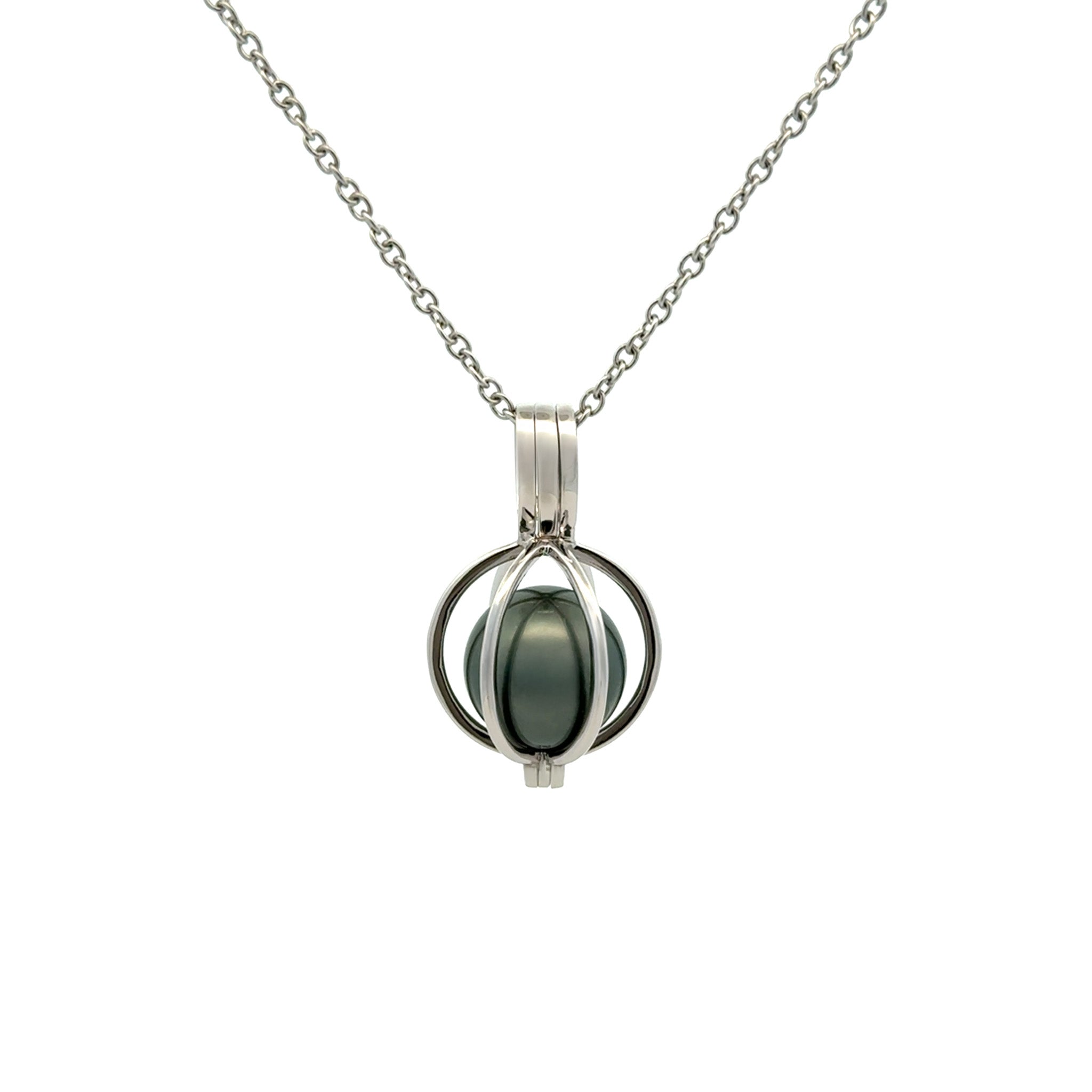 Sterling Silver Tahitian 11-12 mm Cultured Pearl Cage Pendant front view with white background