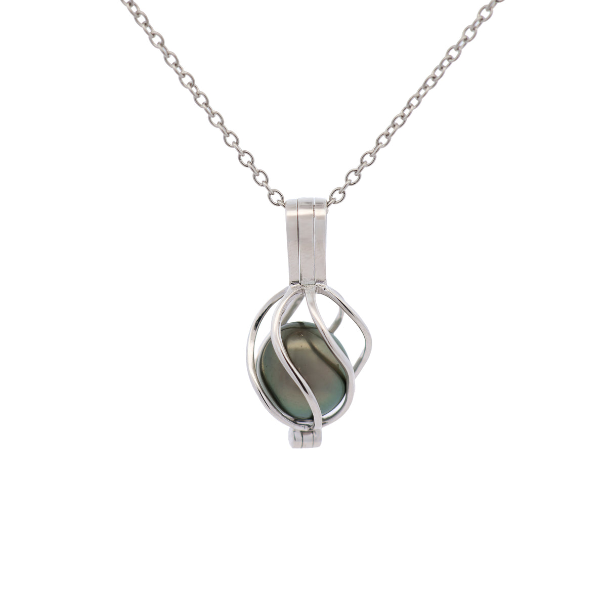 Sterling Silver Tahitian Cultured 10-11 mm Pearl Curved Cage Pendant front