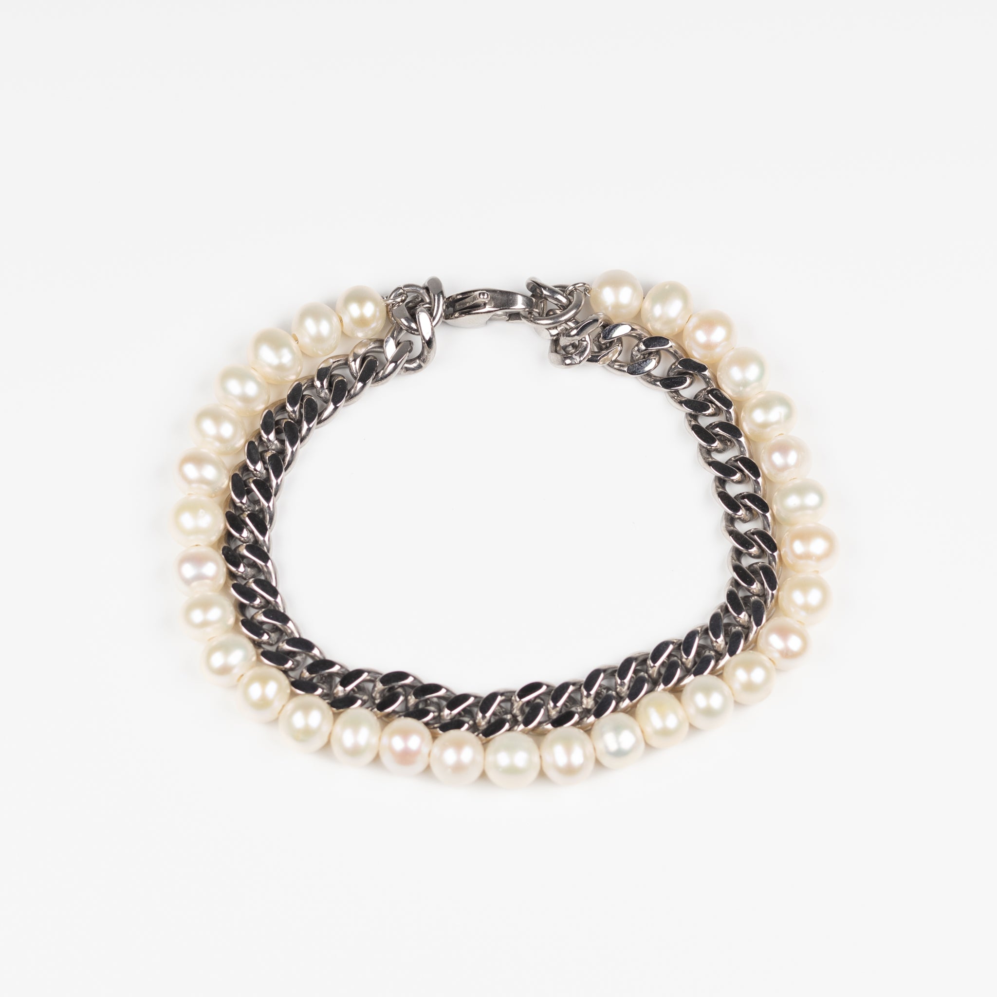 Stainless Steel and White Freshwater Pearl Bracelet