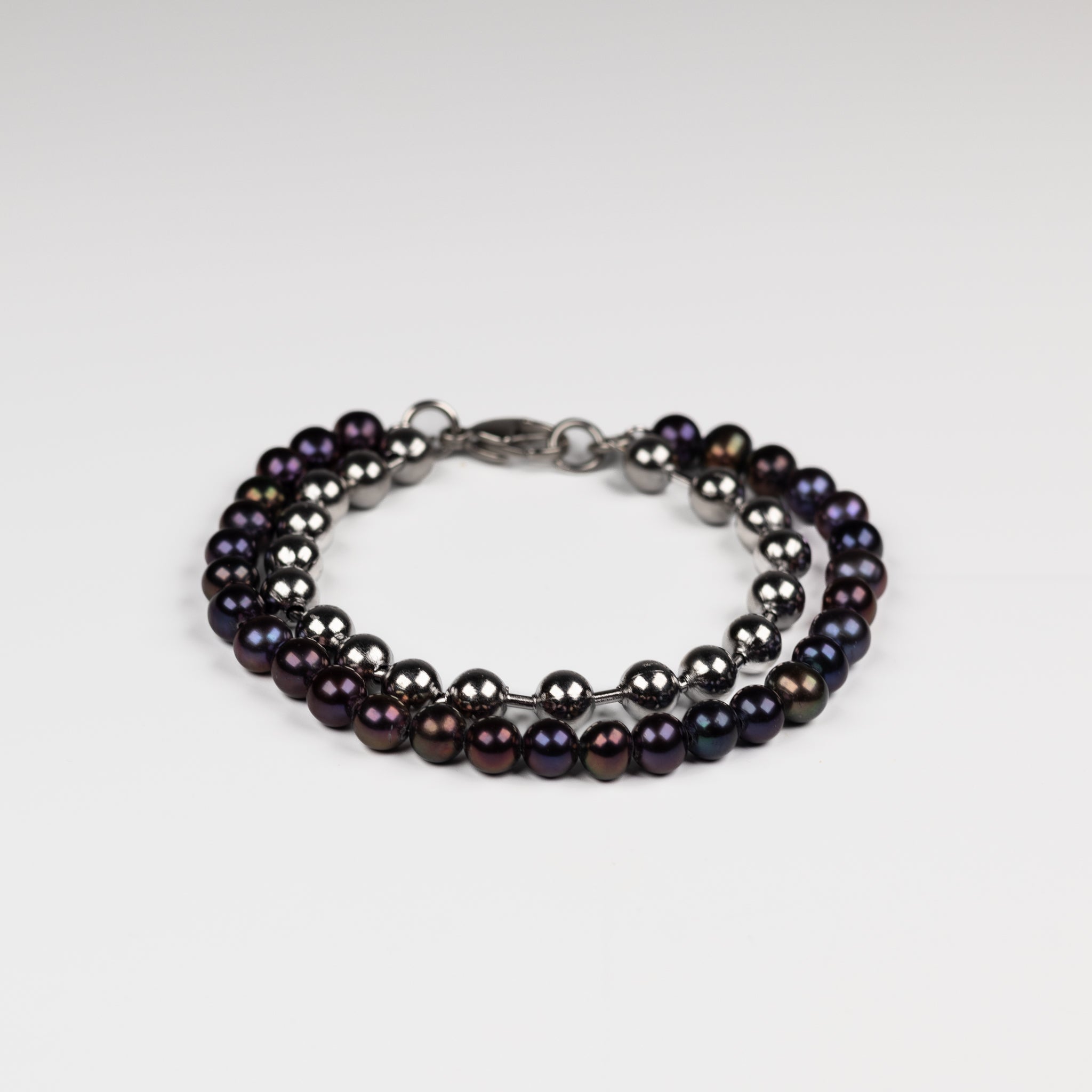 Stainless Steel and Peacock Freshwater Pearl Double Ball Bracelet