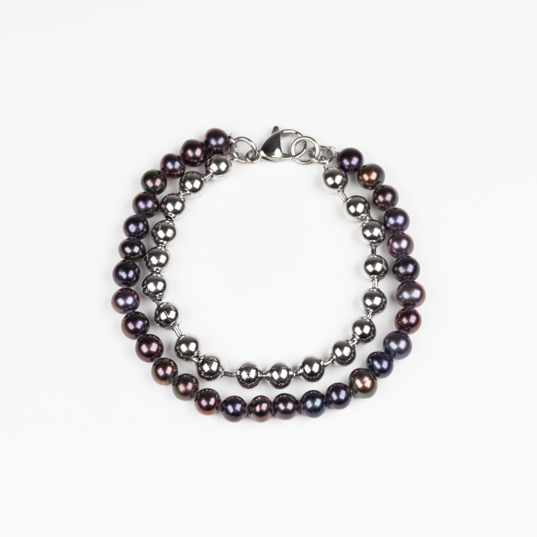 Stainless Steel and Peacock Freshwater Pearl Double Ball Bracelet