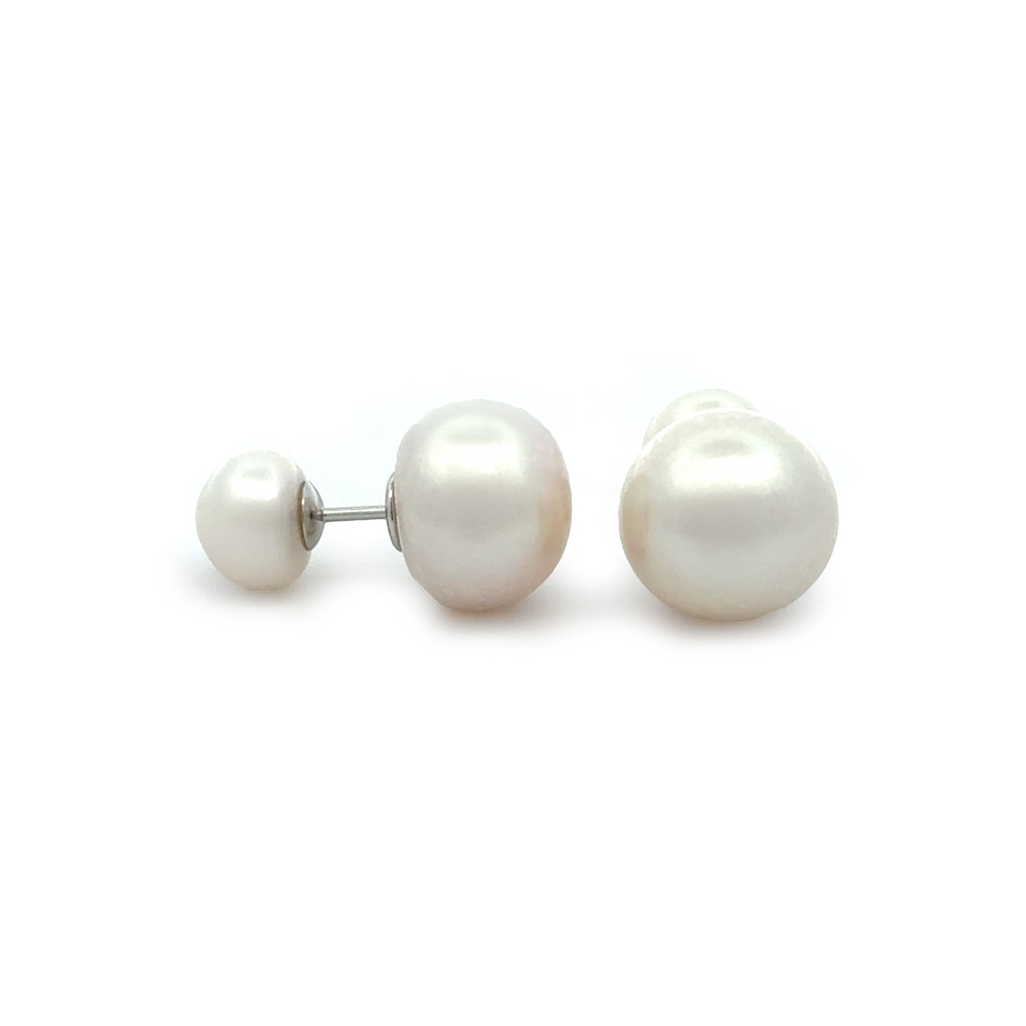 Sterling Silver Freshwater Pearl 8-8.5 & 12-12.5mm Earrings side view with a white background