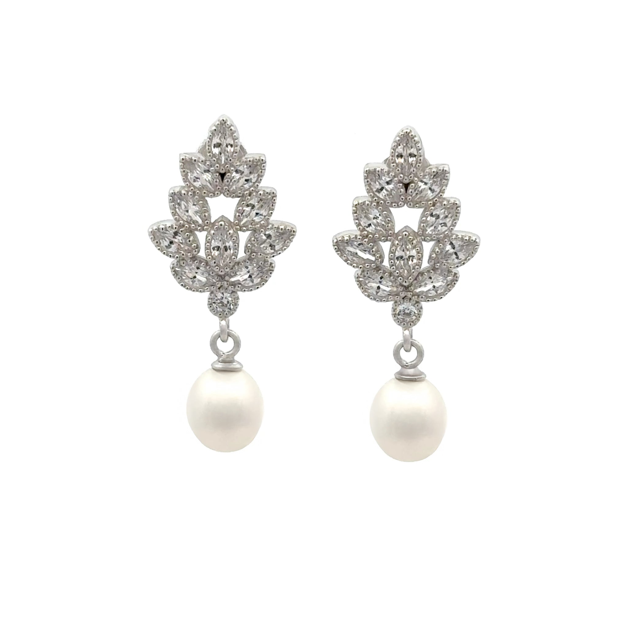 Sterling Silver Freshwater Pearl and Cubic Zirconia Drop Earrings front view