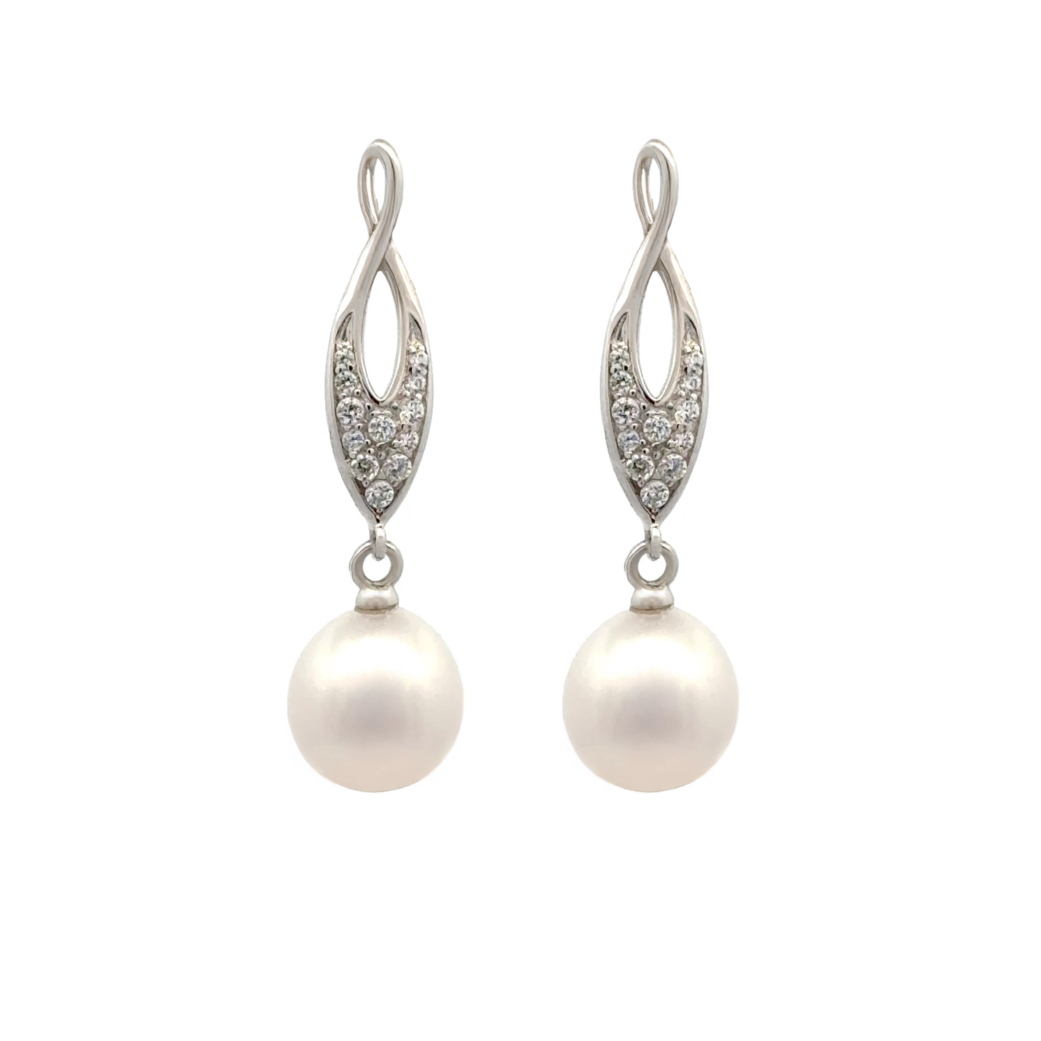 Sterling Silver Freshwater Pearl and Cubic Zirconia Drop Earrings front view