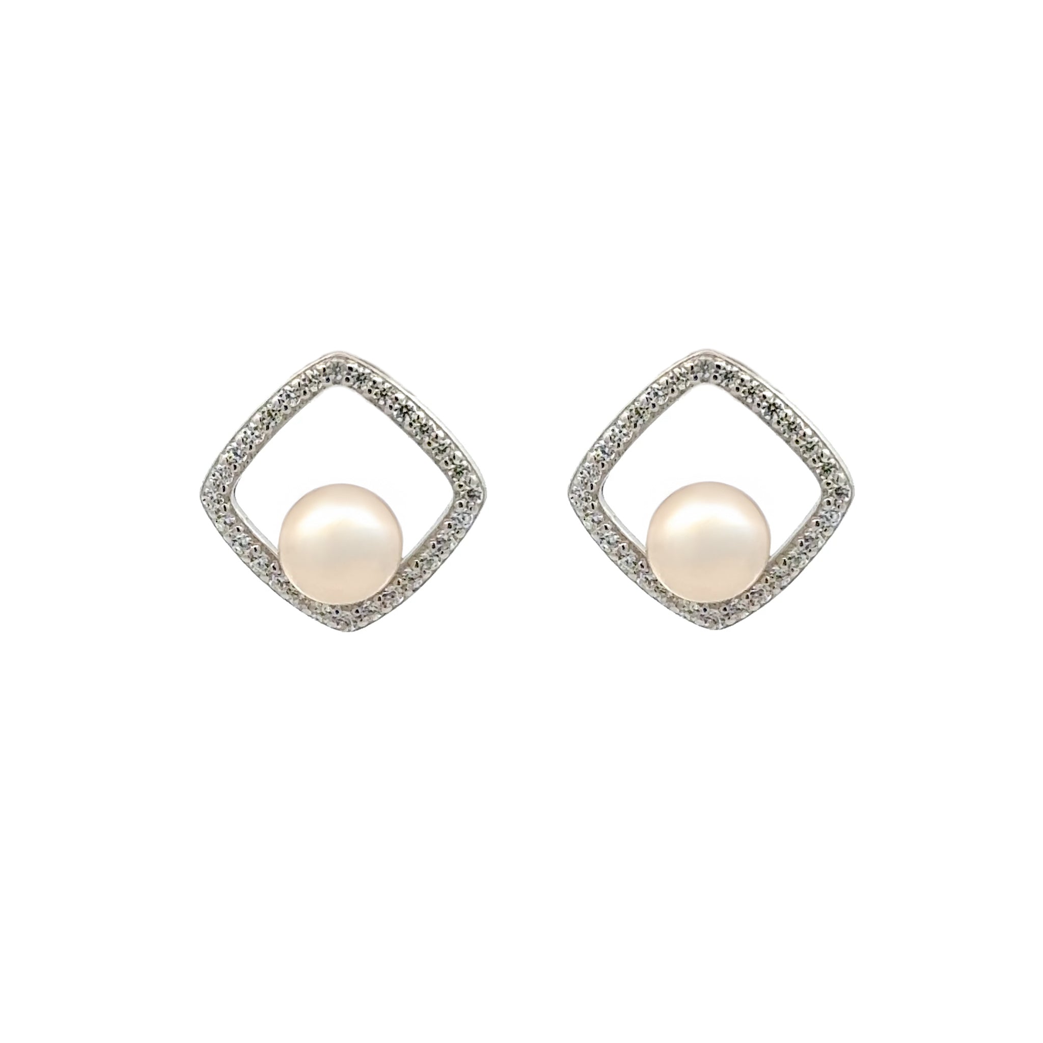 Sterling Silver Freshwater 5-5.5 mm Pearl and Cubic Zirconia Stud Earrings front view
