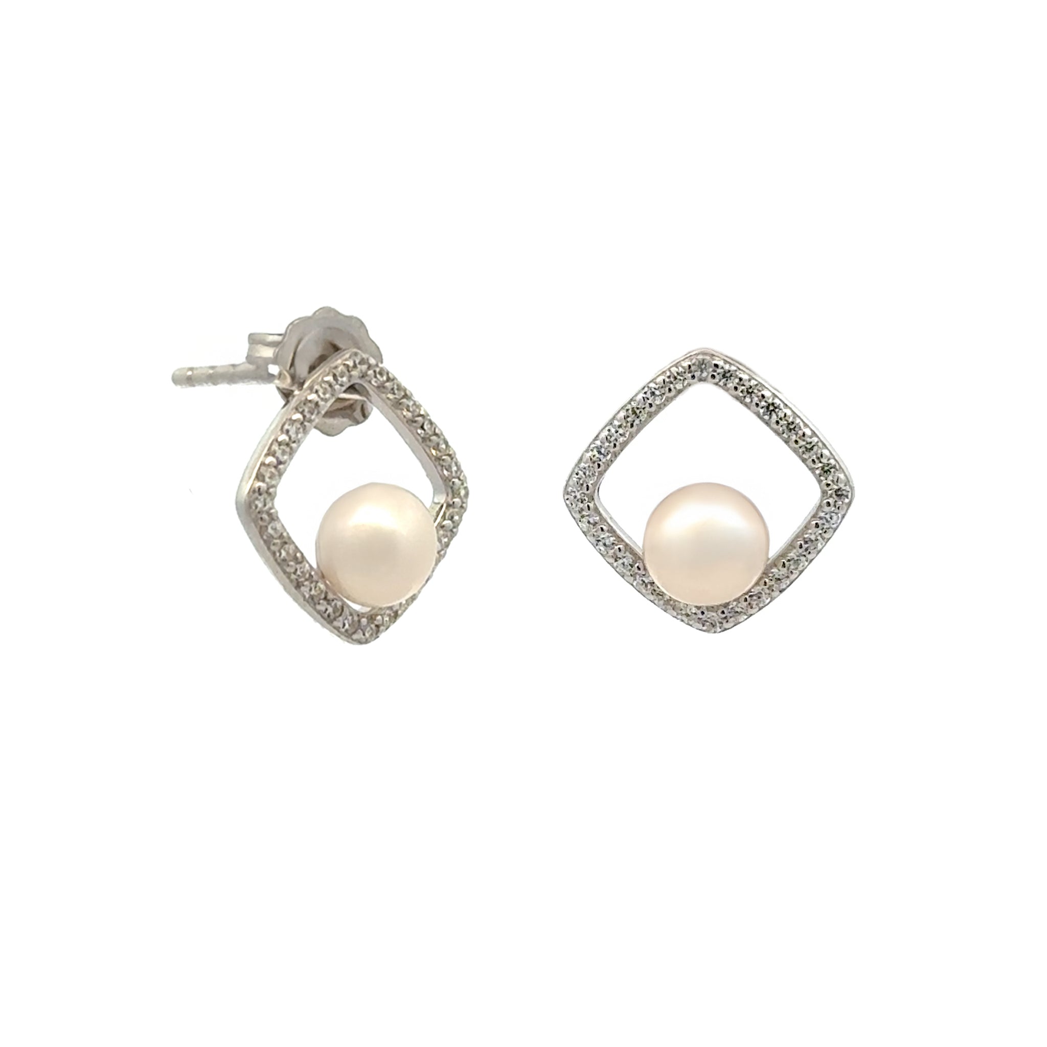 Sterling Silver Freshwater 5-5.5 mm Pearl and Cubic Zirconia Stud Earrings side view