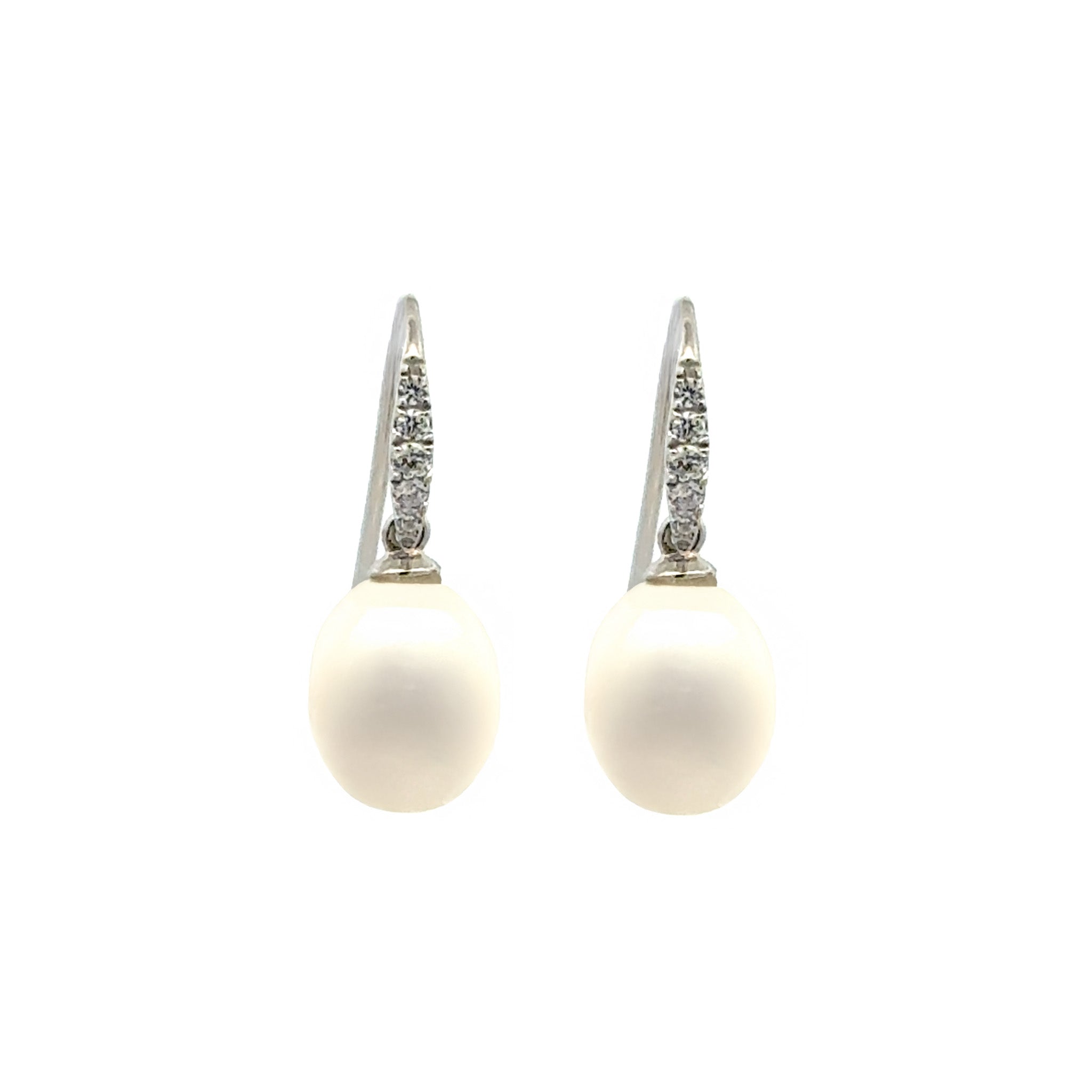 Sterling Silver Freshwater Pearl 8-9 mm White Drop & Cubic Zirconia Hook Earrings on a white background, front view