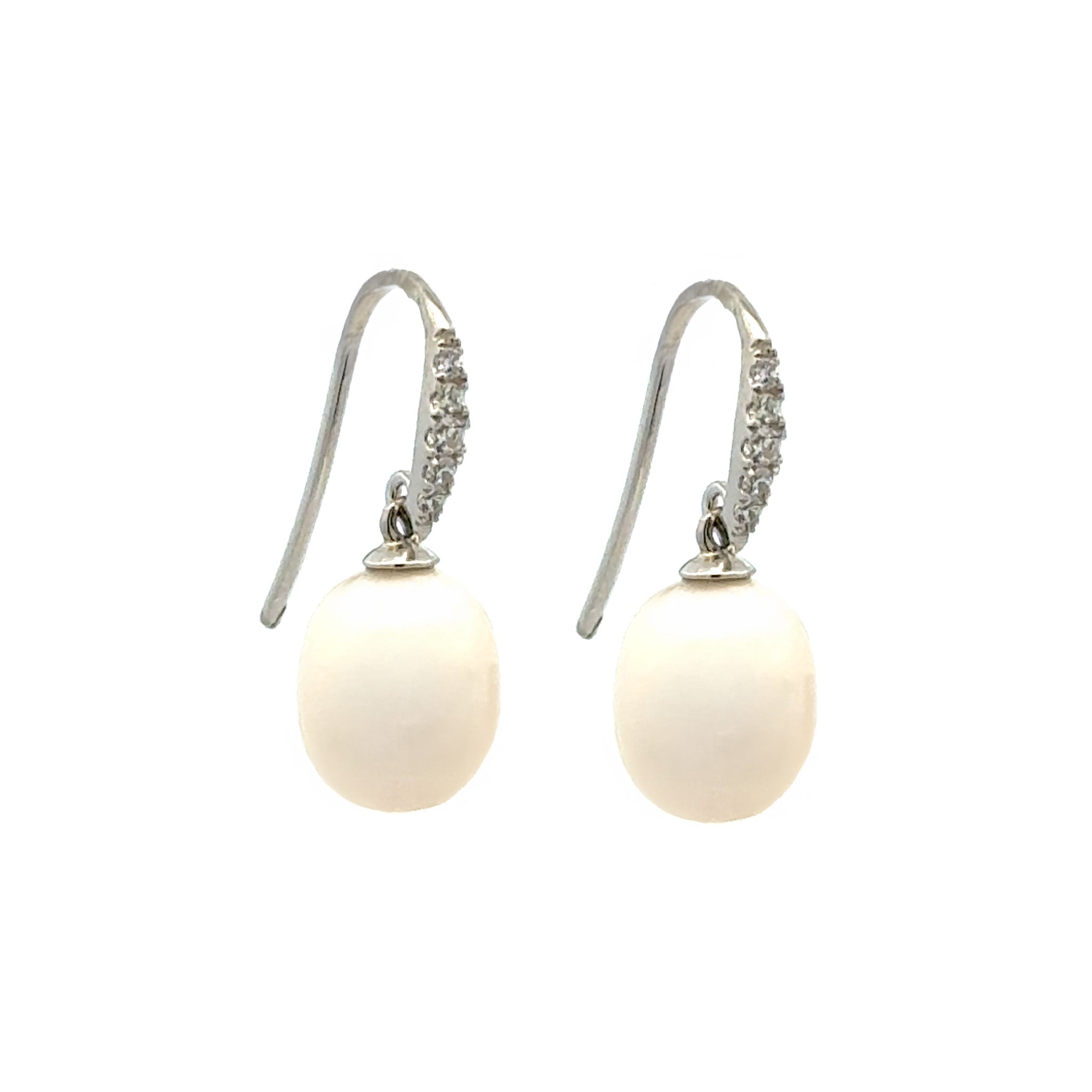 Sterling Silver Freshwater Pearl 8-9 mm White Drop & Cubic Zirconia Hook Earrings on a white background, side view