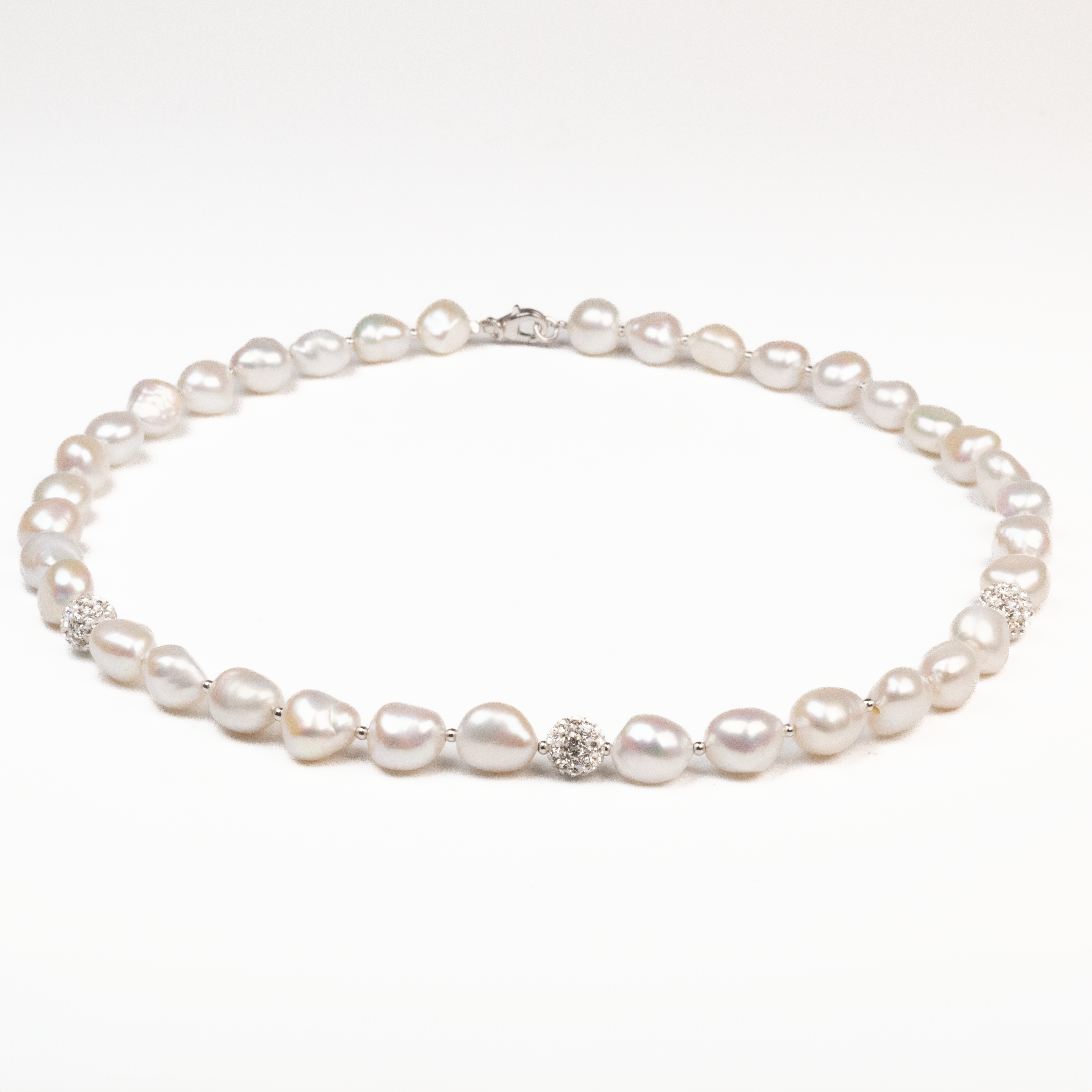 Sterling Silver Freshwater Pearl & Crystal Clay Ball Necklace