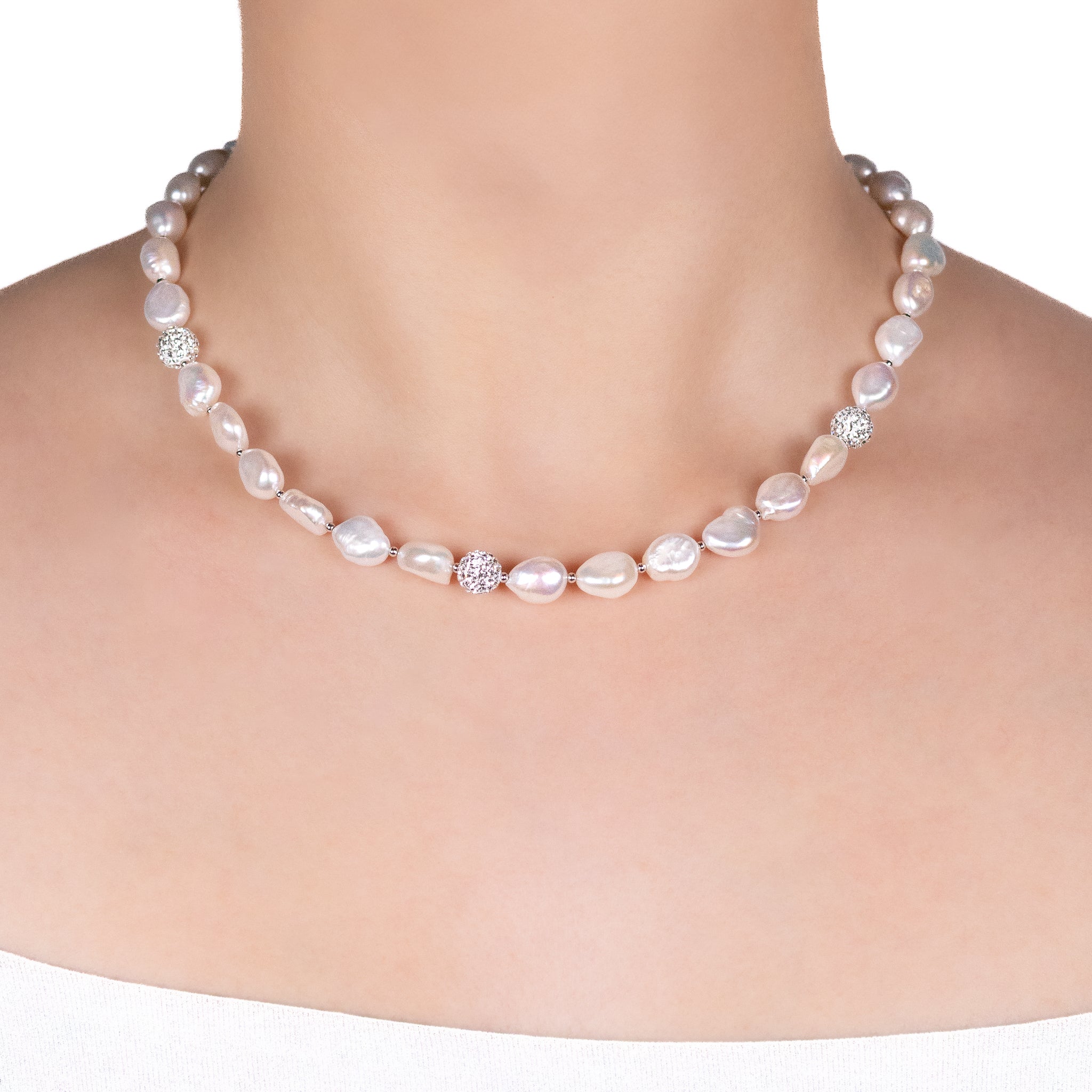 Sterling Silver Freshwater Pearl & Crystal Clay Ball Necklace on a model