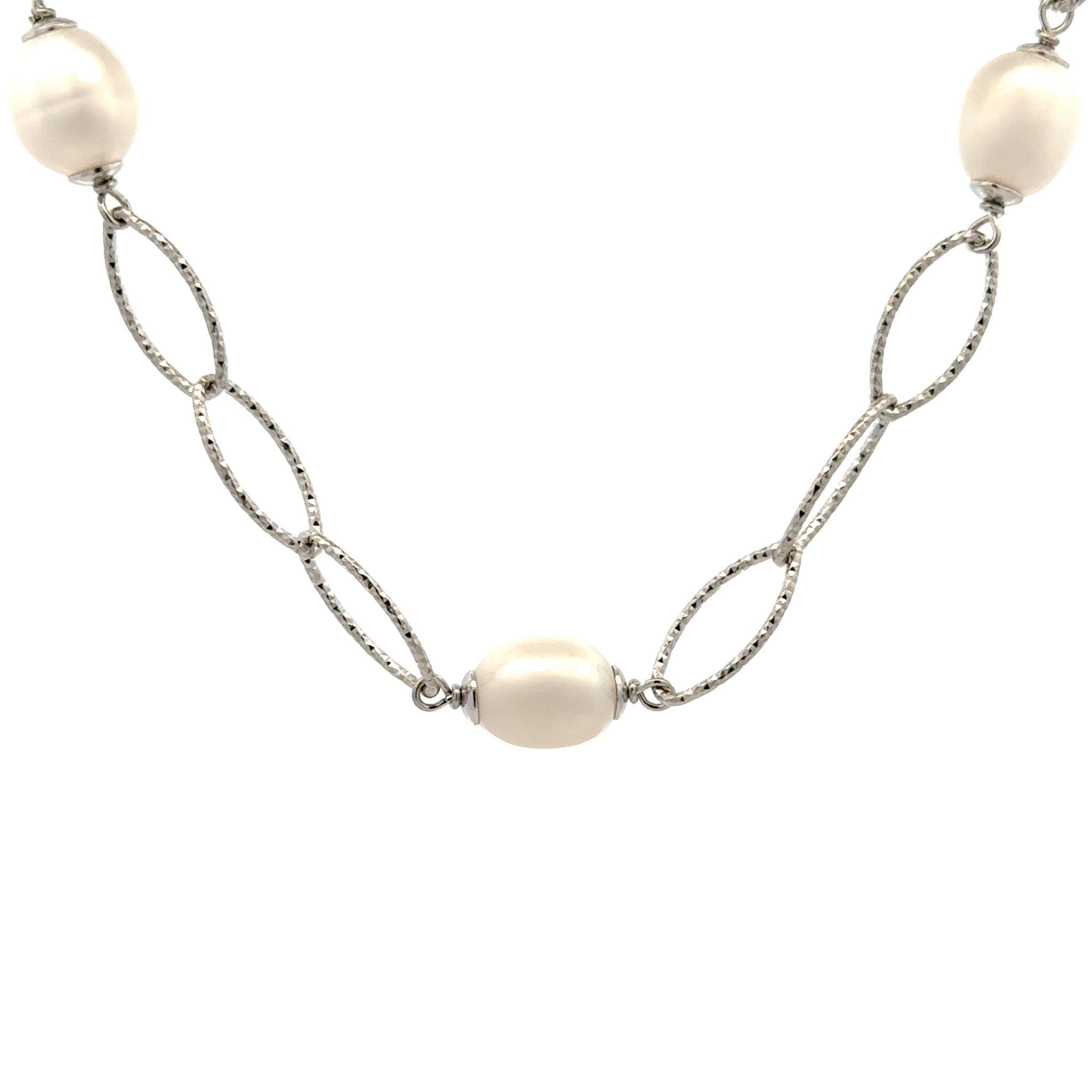 Pearl necklace with silver chain on a white background