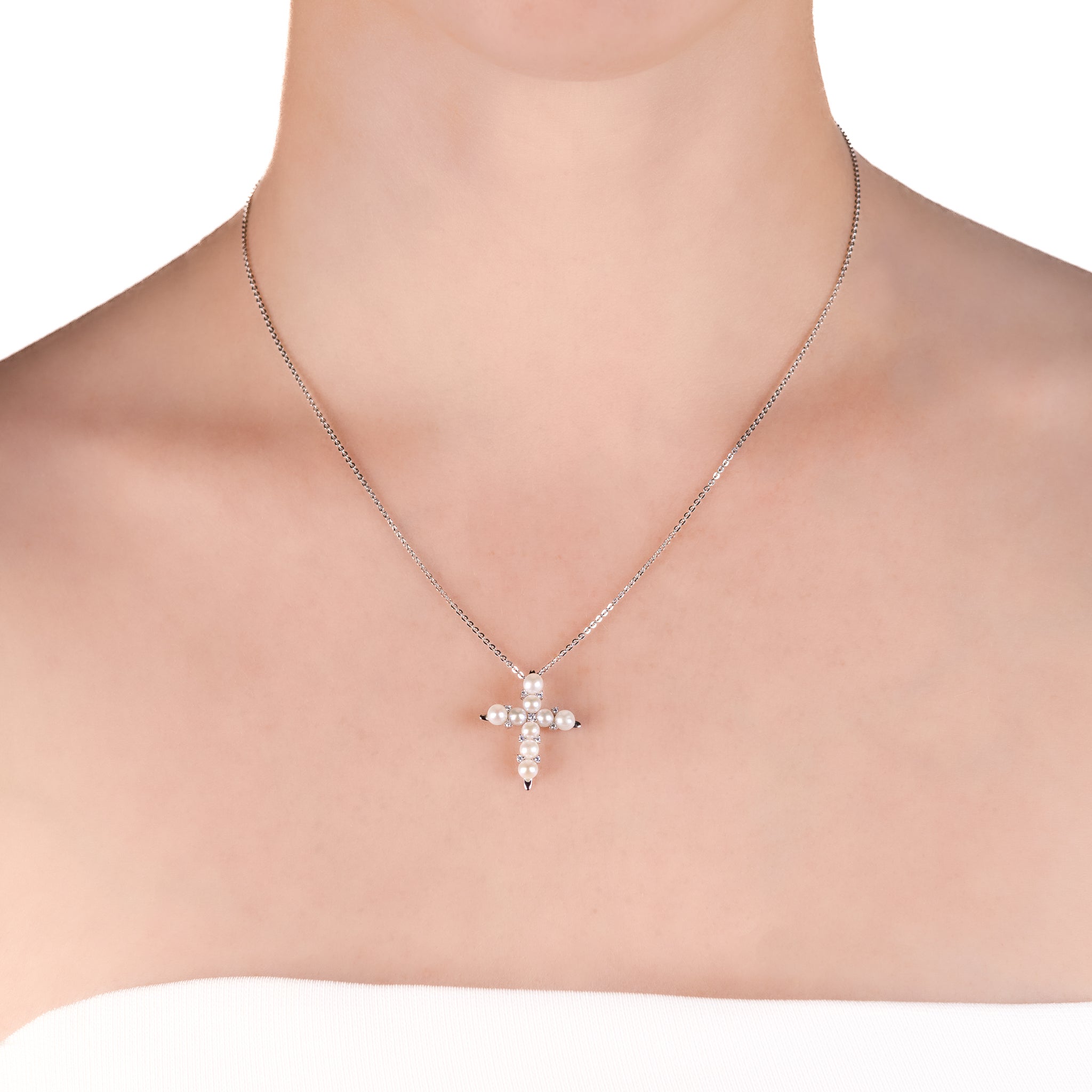 Sterling Silver Freshwater Pearl White Decorative Cross Necklace