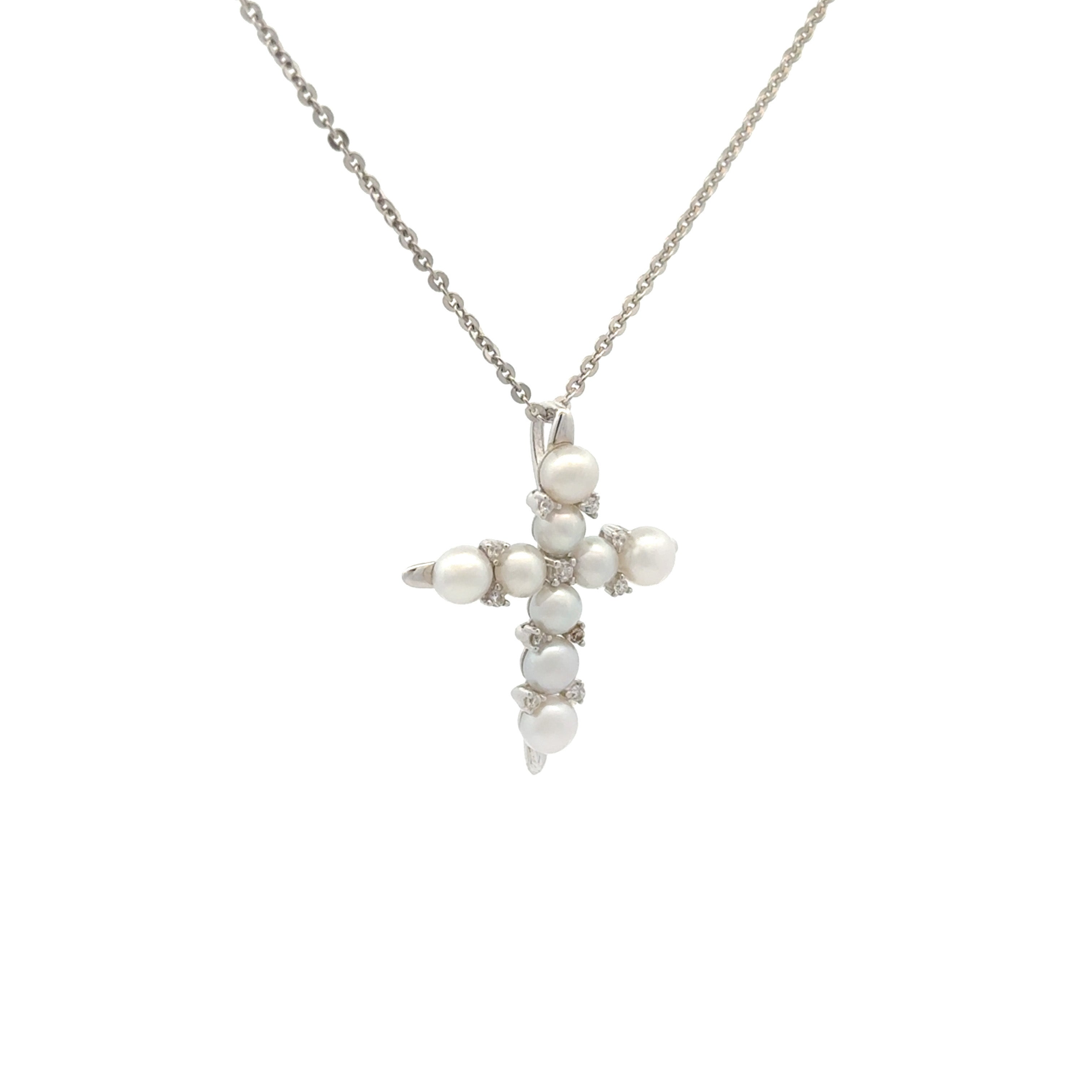 Sterling Silver Freshwater Pearl White Decorative Cross Necklace side view