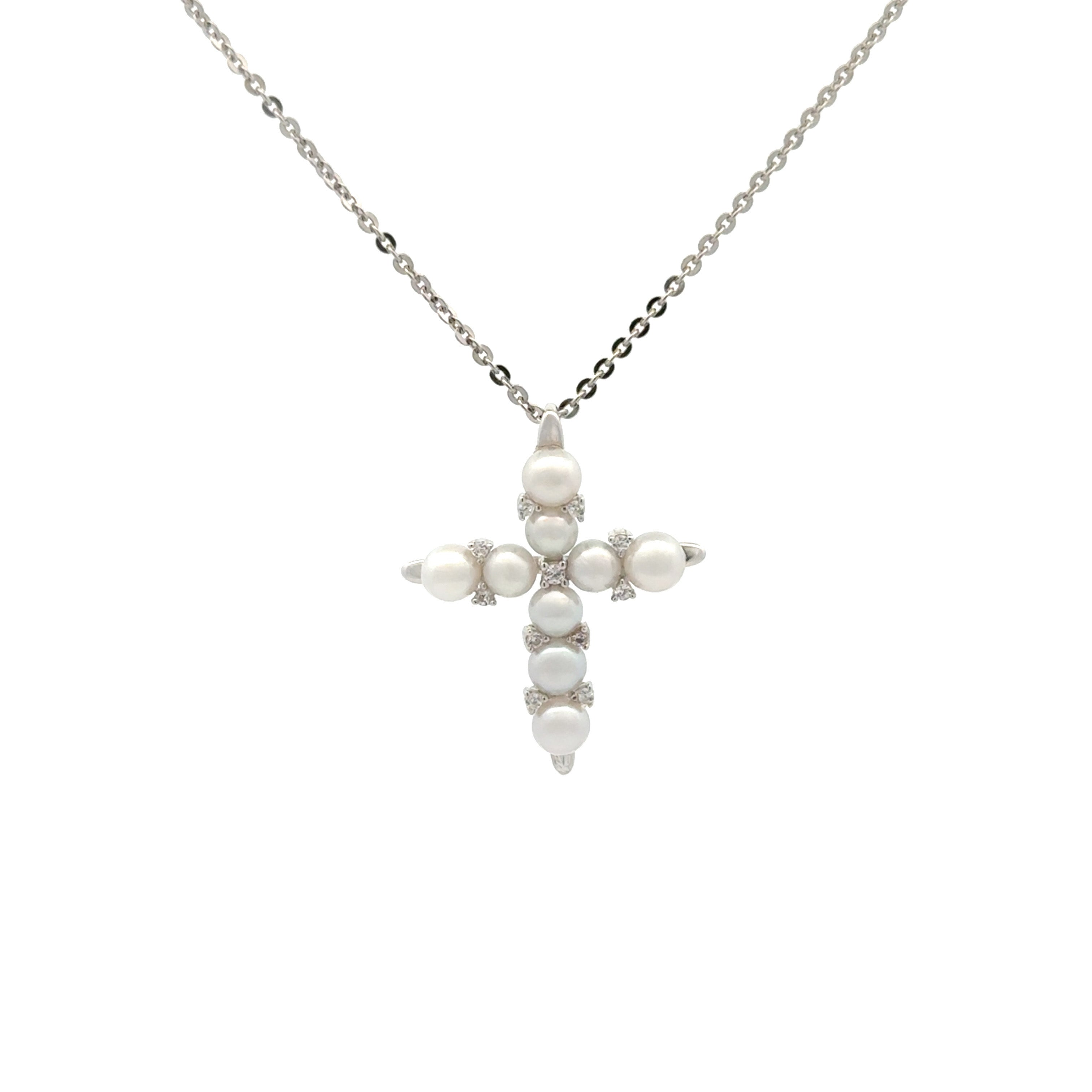 Sterling Silver Freshwater Pearl White Decorative Cross Necklace