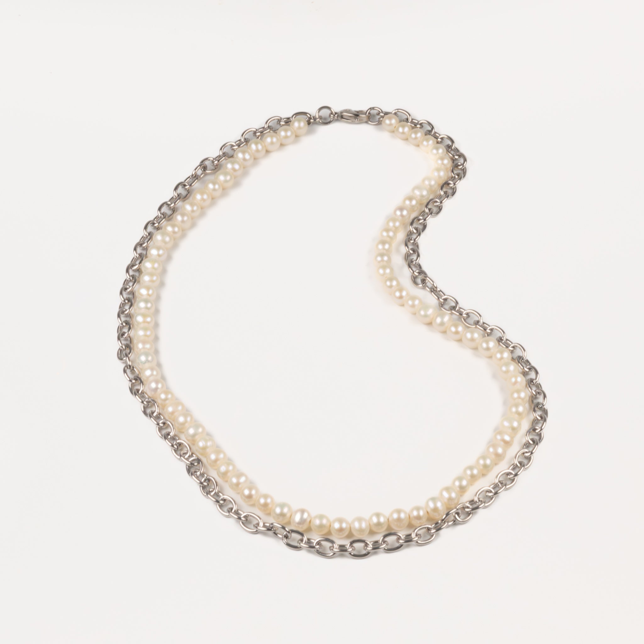 Stainless Steel and White Freshwater Pearl Double Link Necklace
