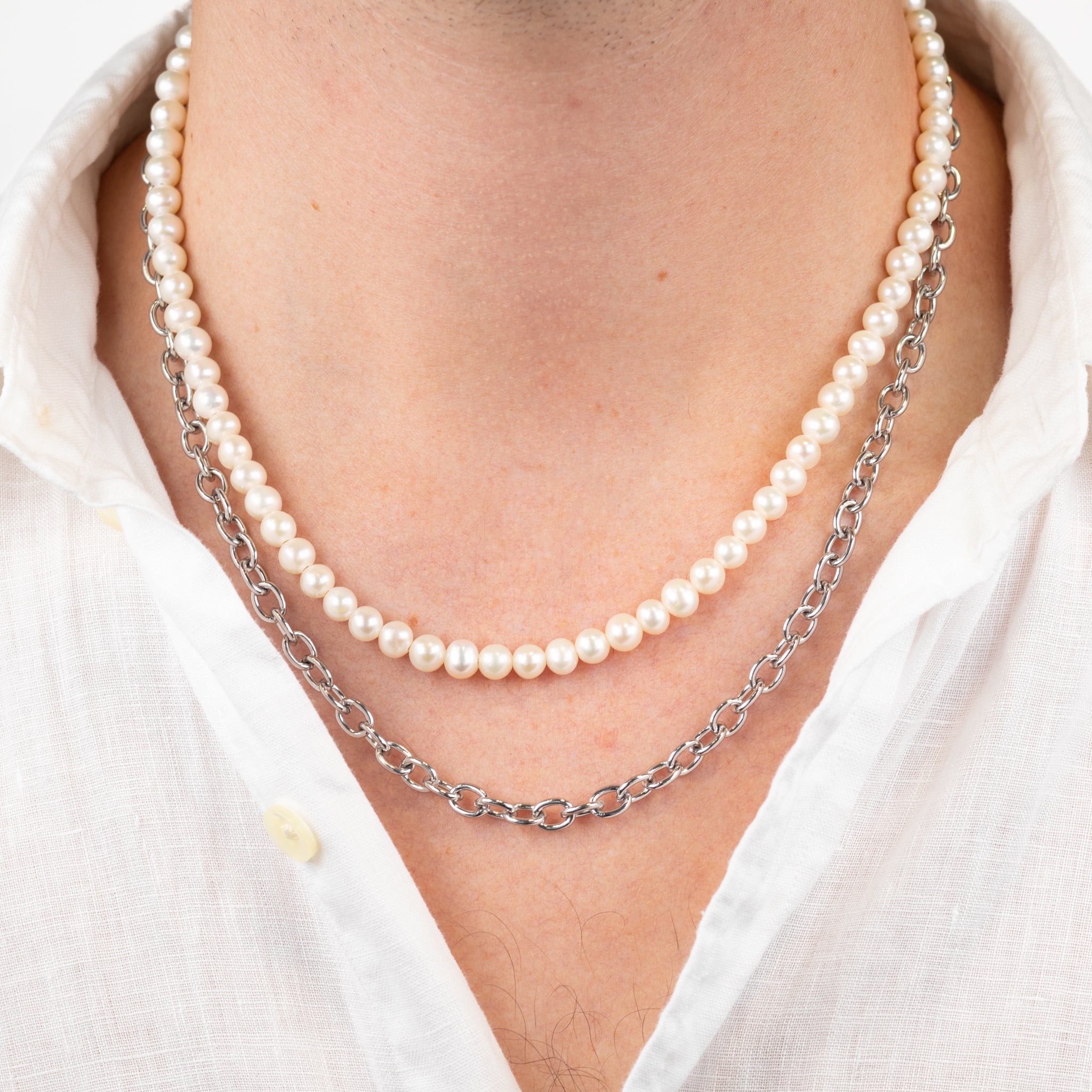 Stainless Steel and White Freshwater Pearl Double Link Necklace
