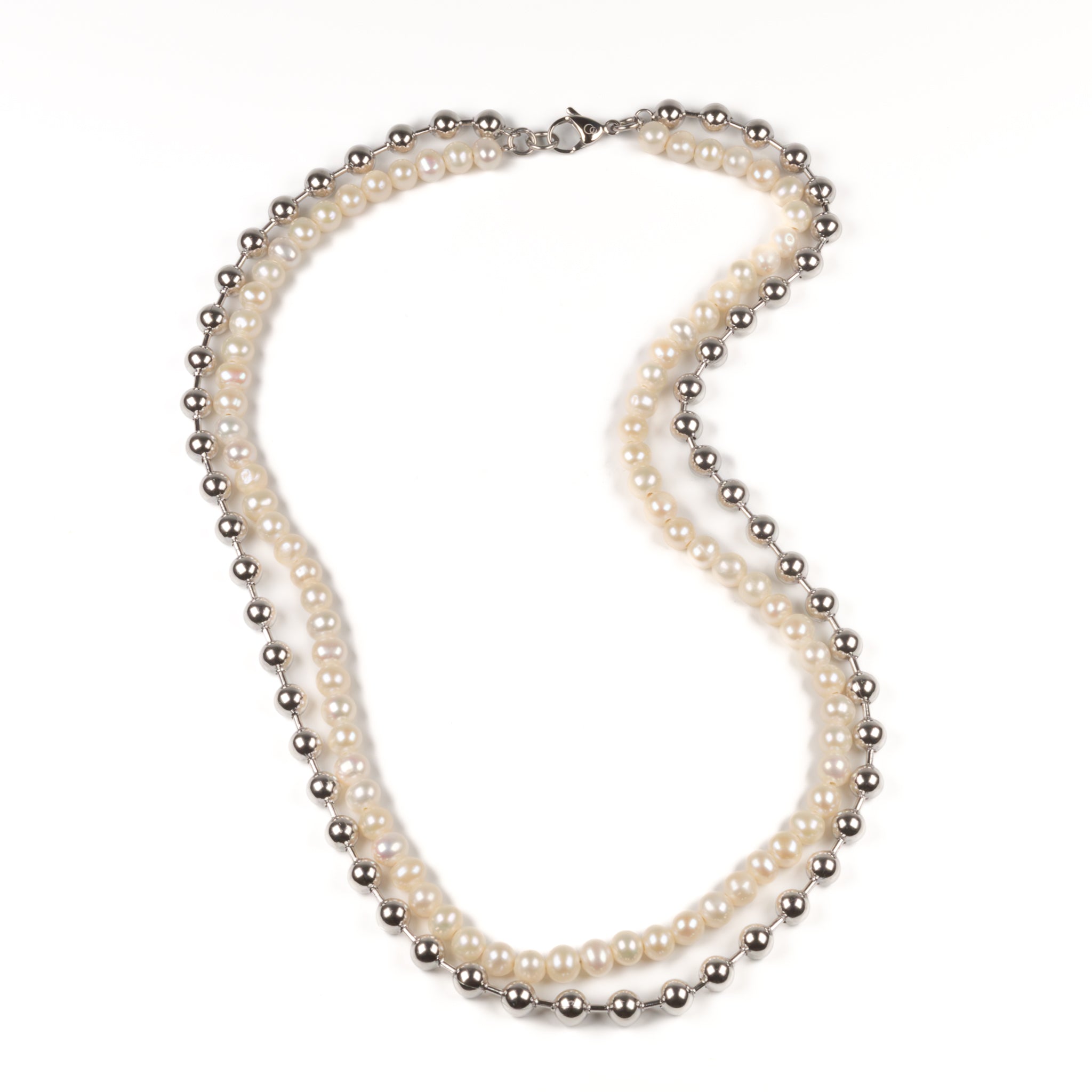 Stainless Steel and White Freshwater Pearl Double Ball Necklace