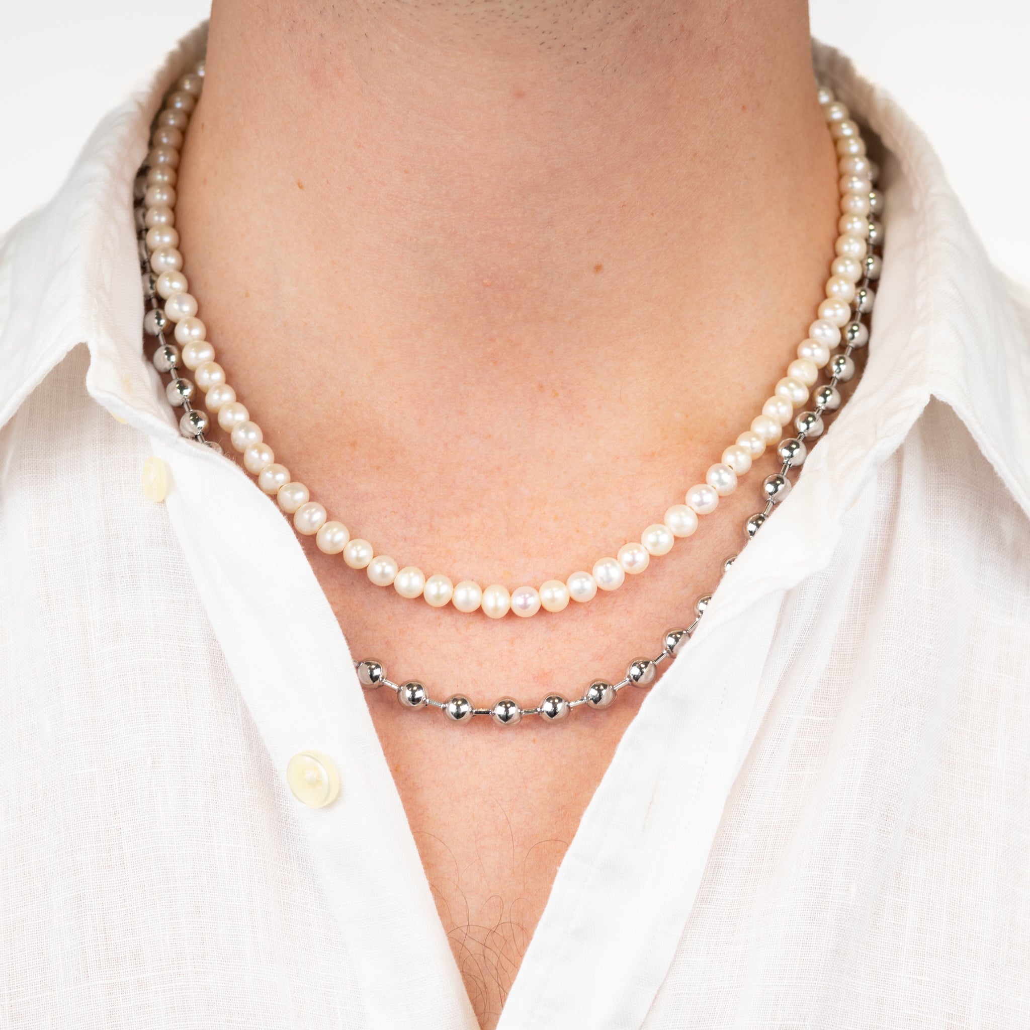 Stainless Steel and White Freshwater Pearl Double Ball Necklace