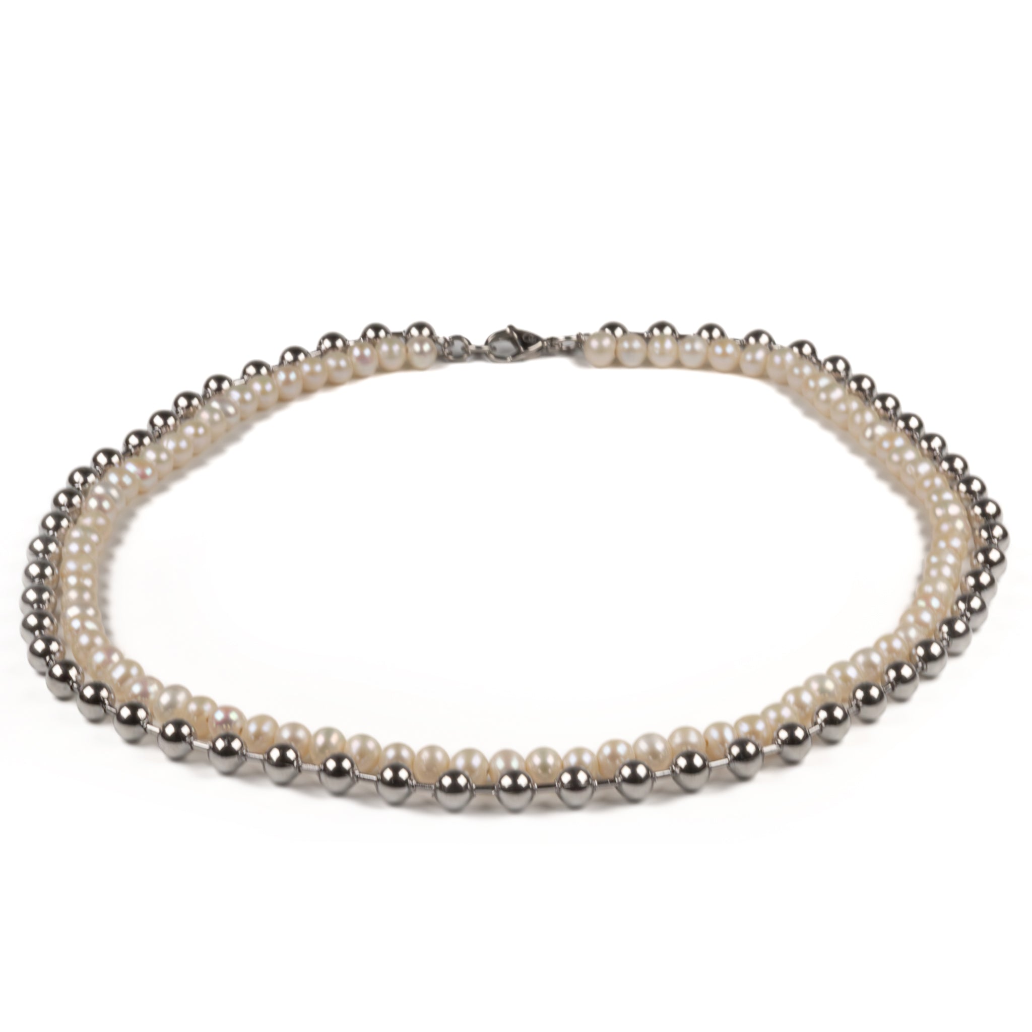 Stainless Steel and White Freshwater Pearl Double Ball Necklace front view