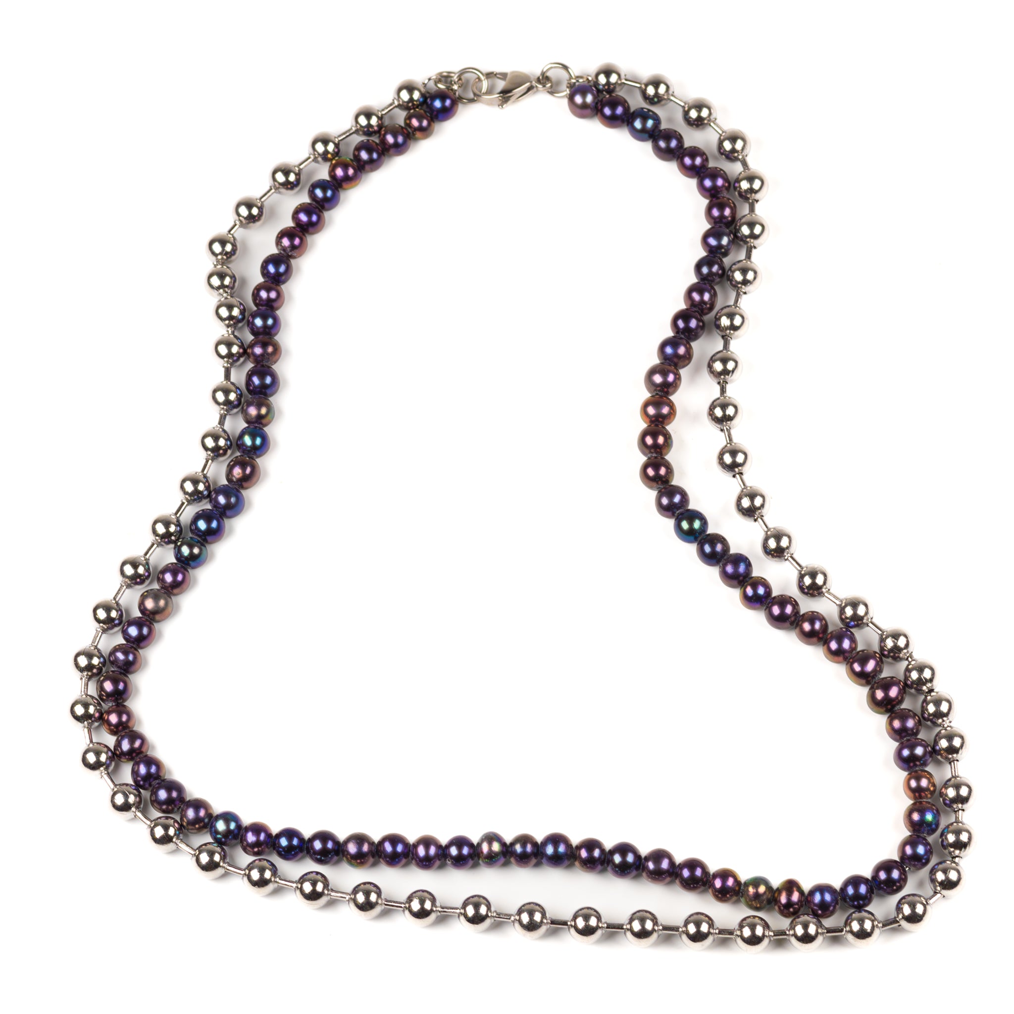 Stainless Steel and Peacock Freshwater Pearl Double Ball Necklace