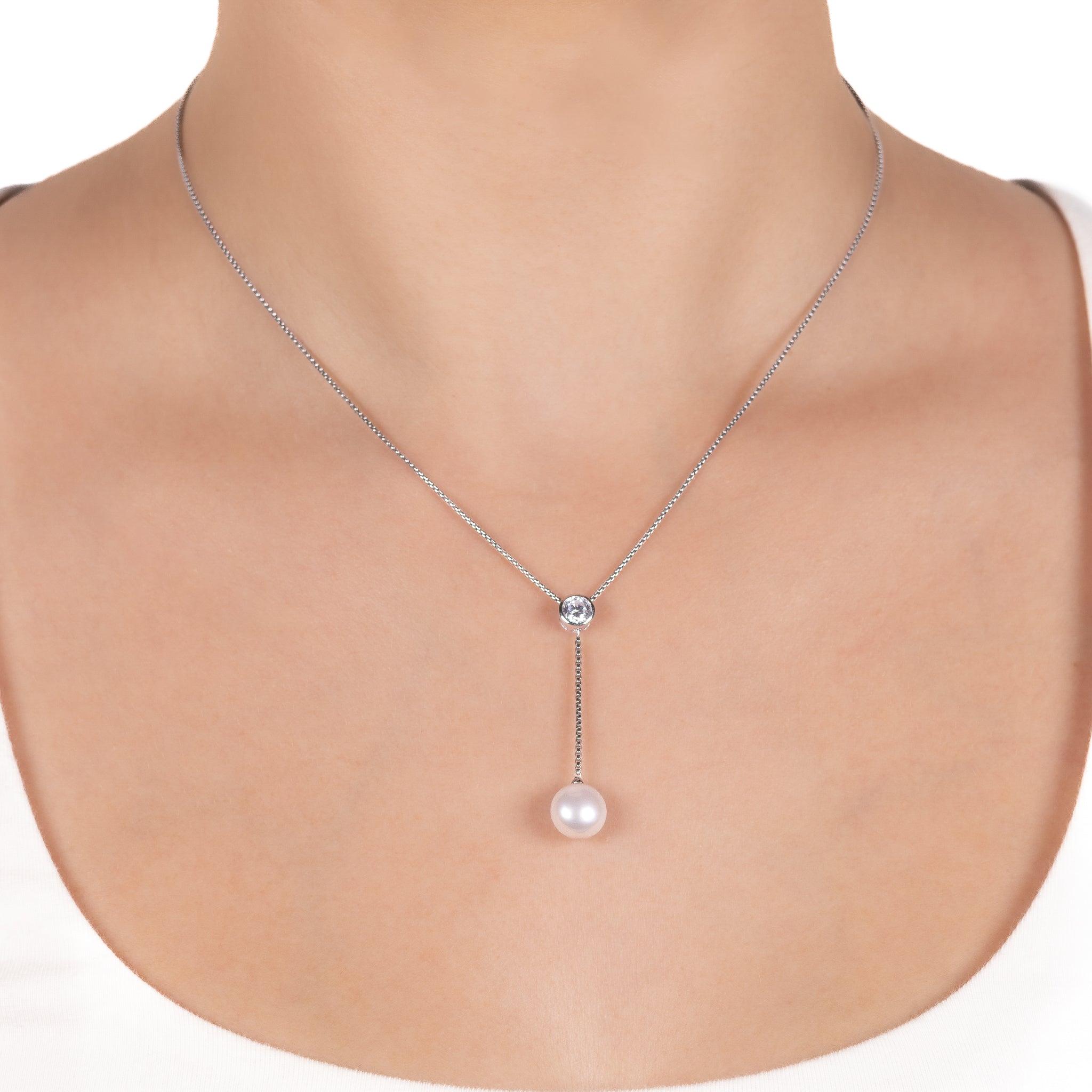 Sterling Silver Freshwater Pearl and Cubic Zirconia Necklace on a model