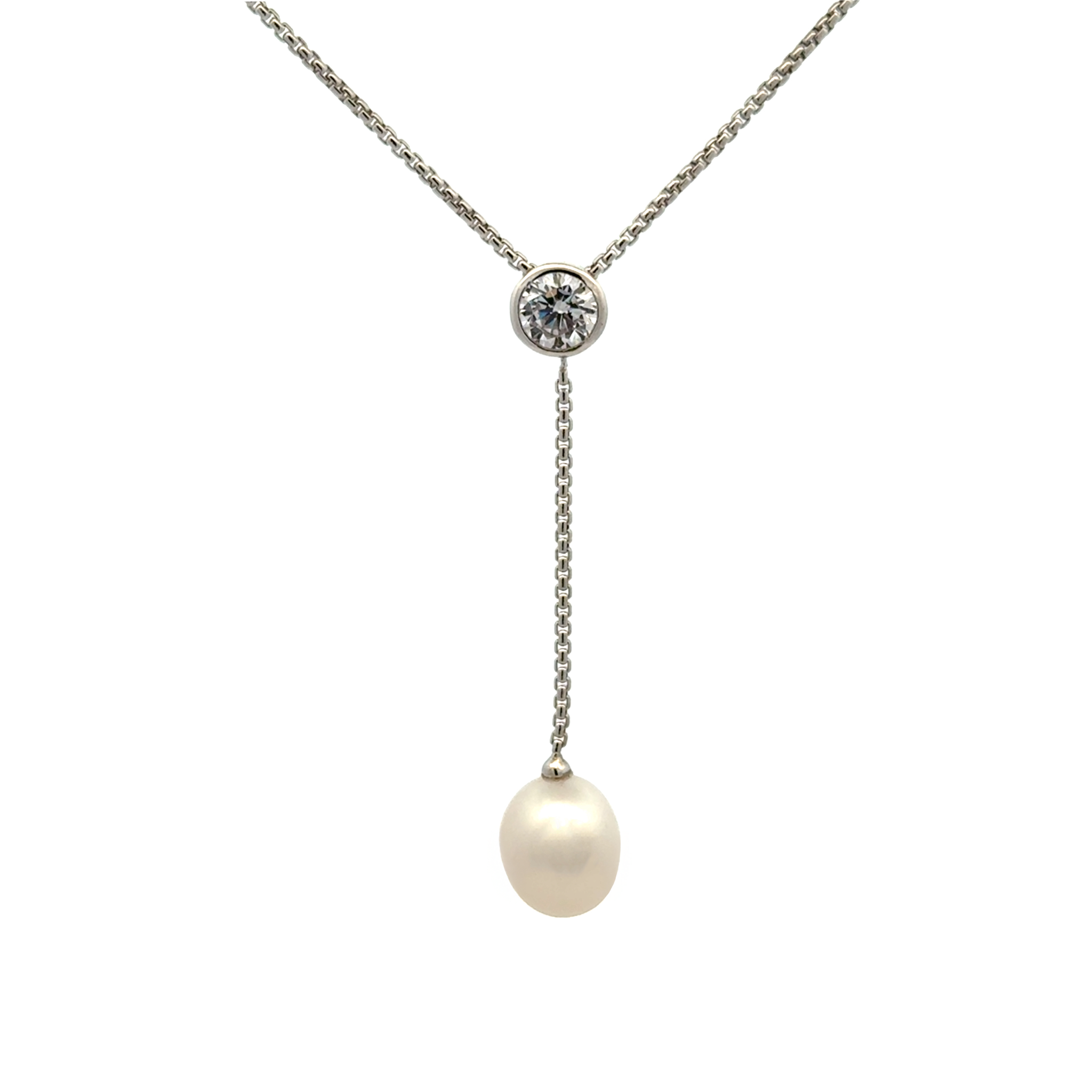 Sterling Silver Freshwater Pearl and Cubic Zirconia Necklace front view with a white background