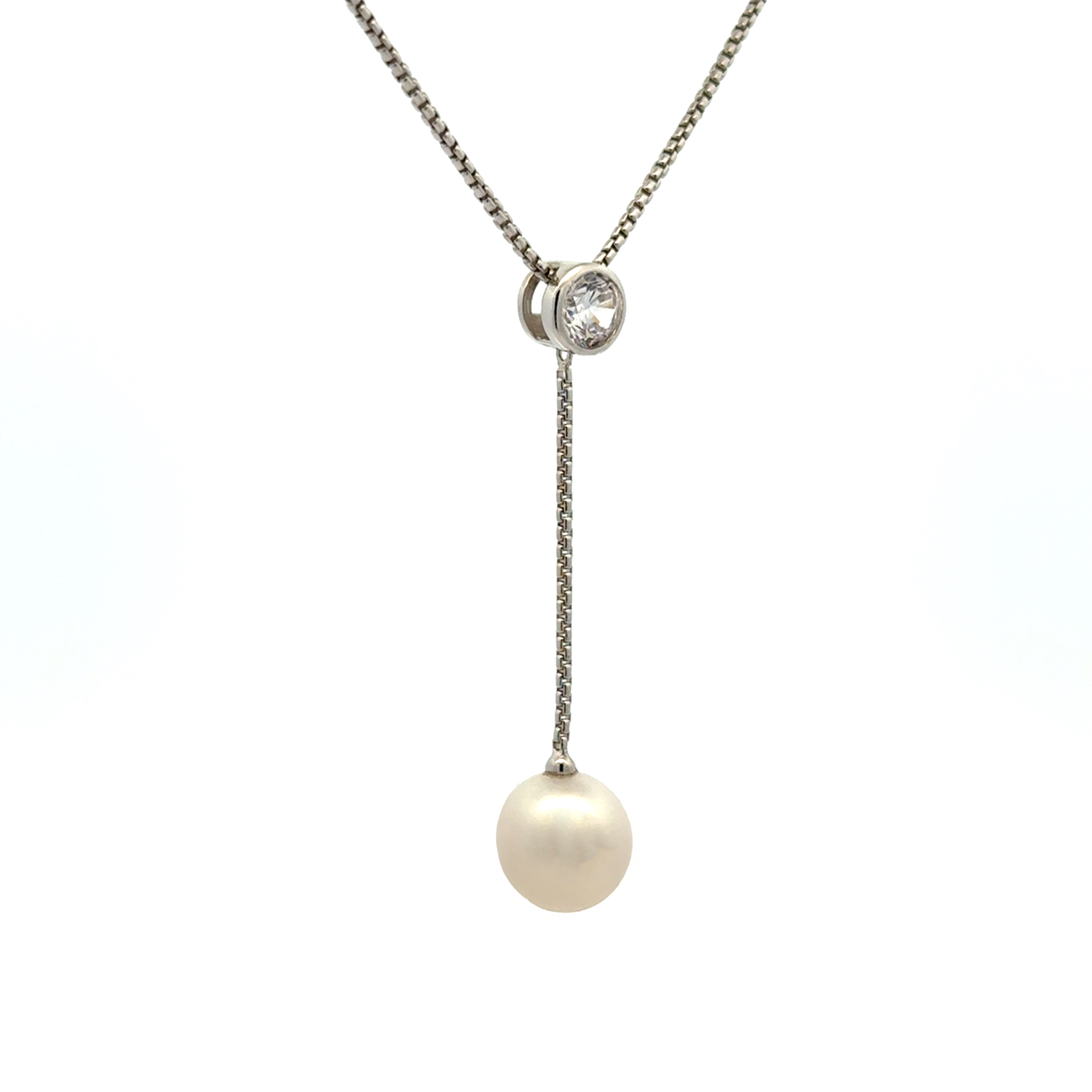 Sterling Silver Freshwater Pearl and Cubic Zirconia Necklace side view with a white background