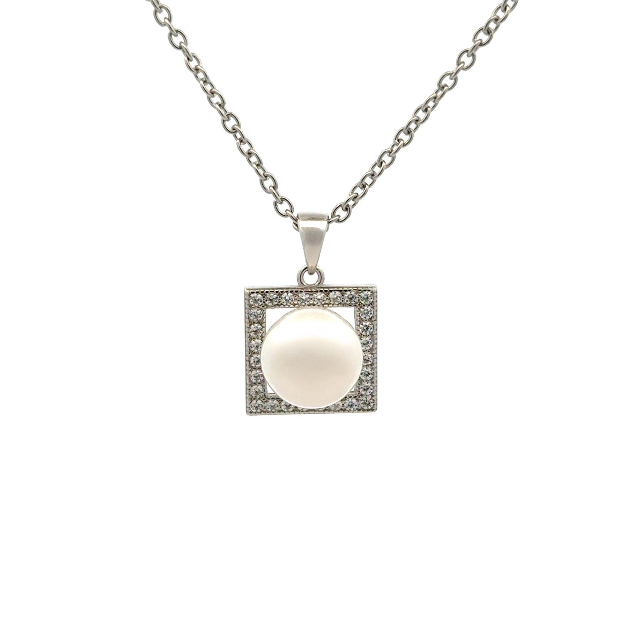 Sterling Silver Freshwater Pearl White 8.5-9mm Cubic Zirconia Pendant front view