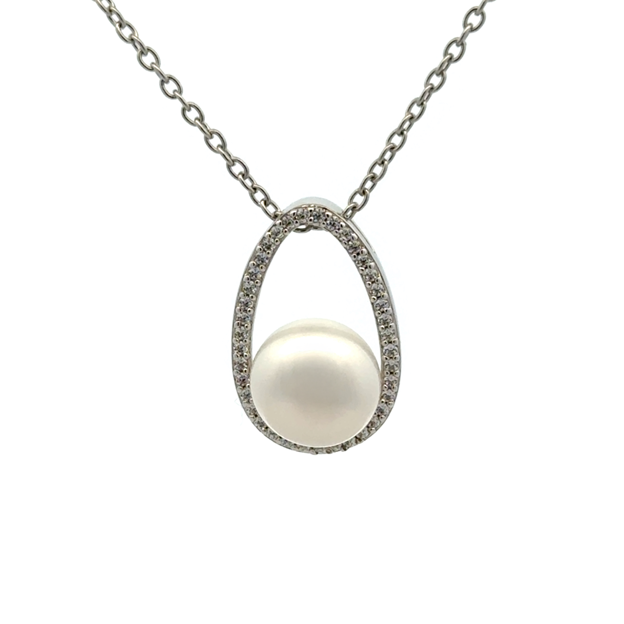 Sterling Silver Freshwater Pearl White 10mm Cubic Zirconia Pendant front view with a white background