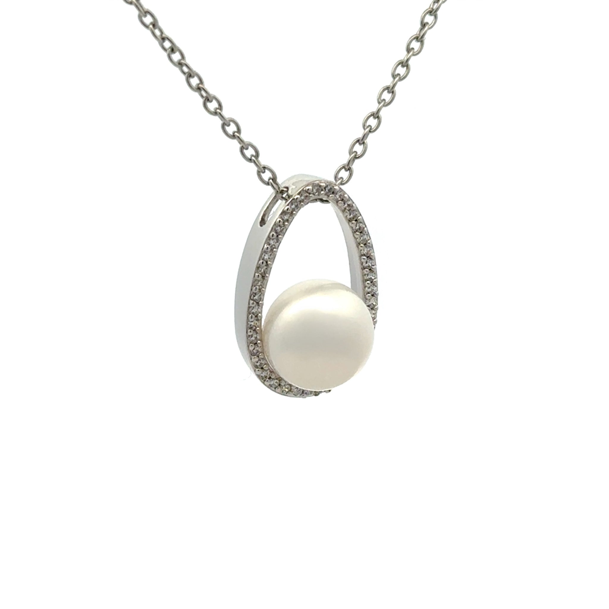 Sterling Silver Freshwater Pearl White 10mm Cubic Zirconia Pendant side view