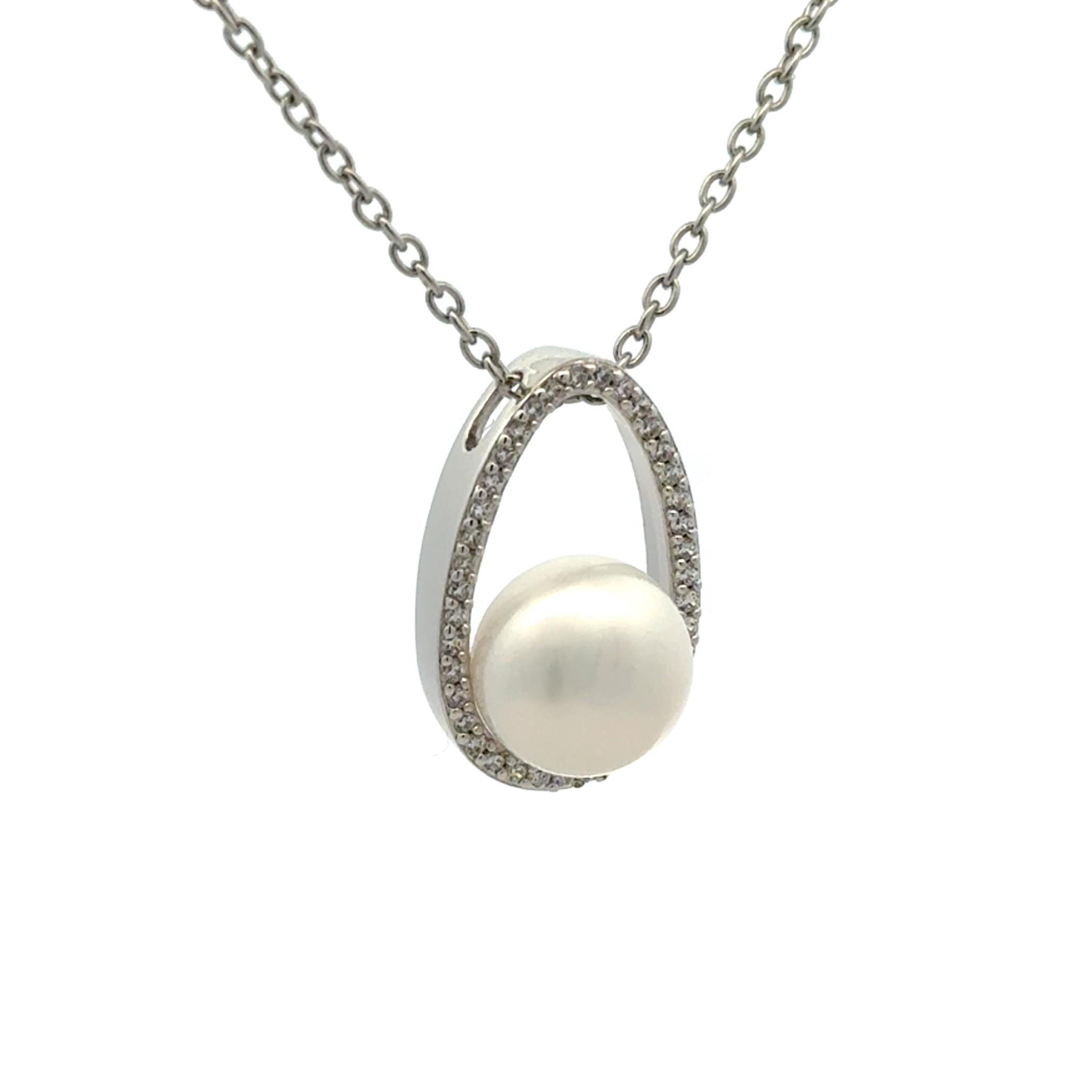 Sterling Silver Freshwater Pearl White 10mm Cubic Zirconia Pendant side view with a white background