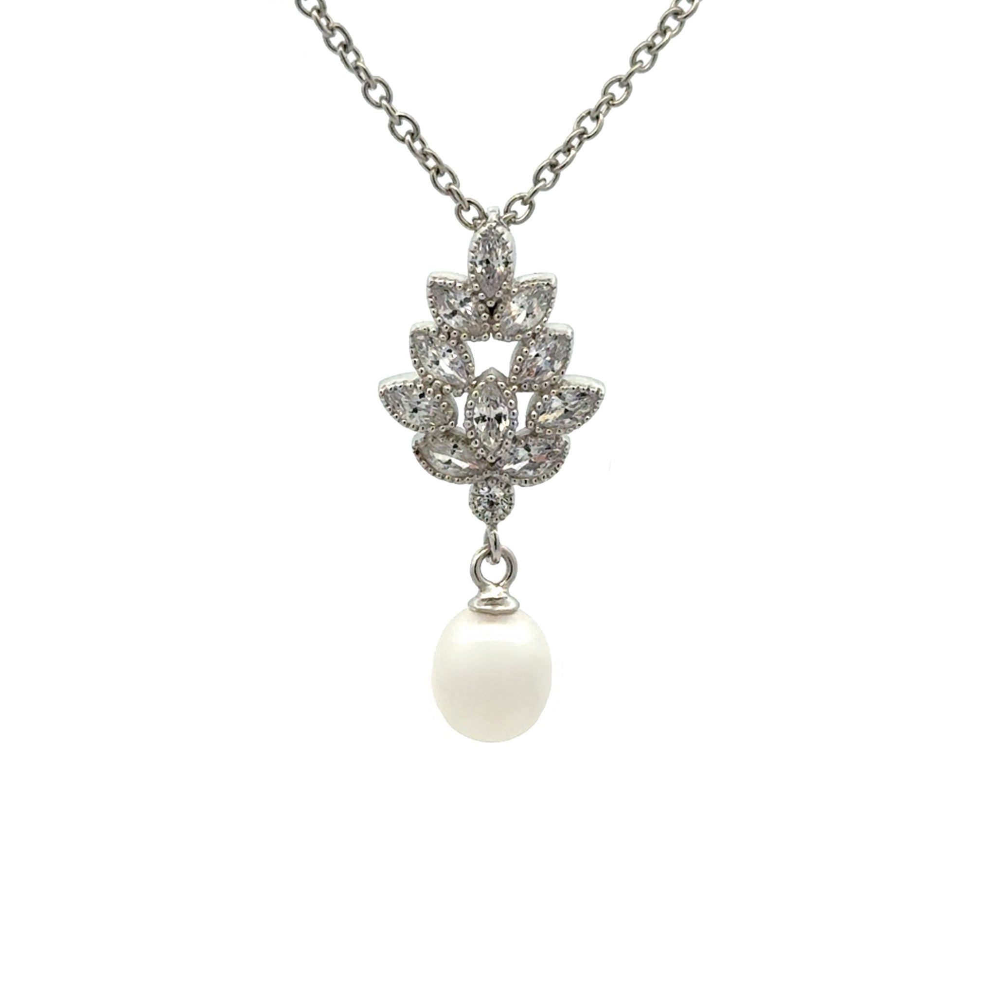 Sterling Silver Freshwater 7mm White Pearl & Cubic Zirconia Pendant front view
