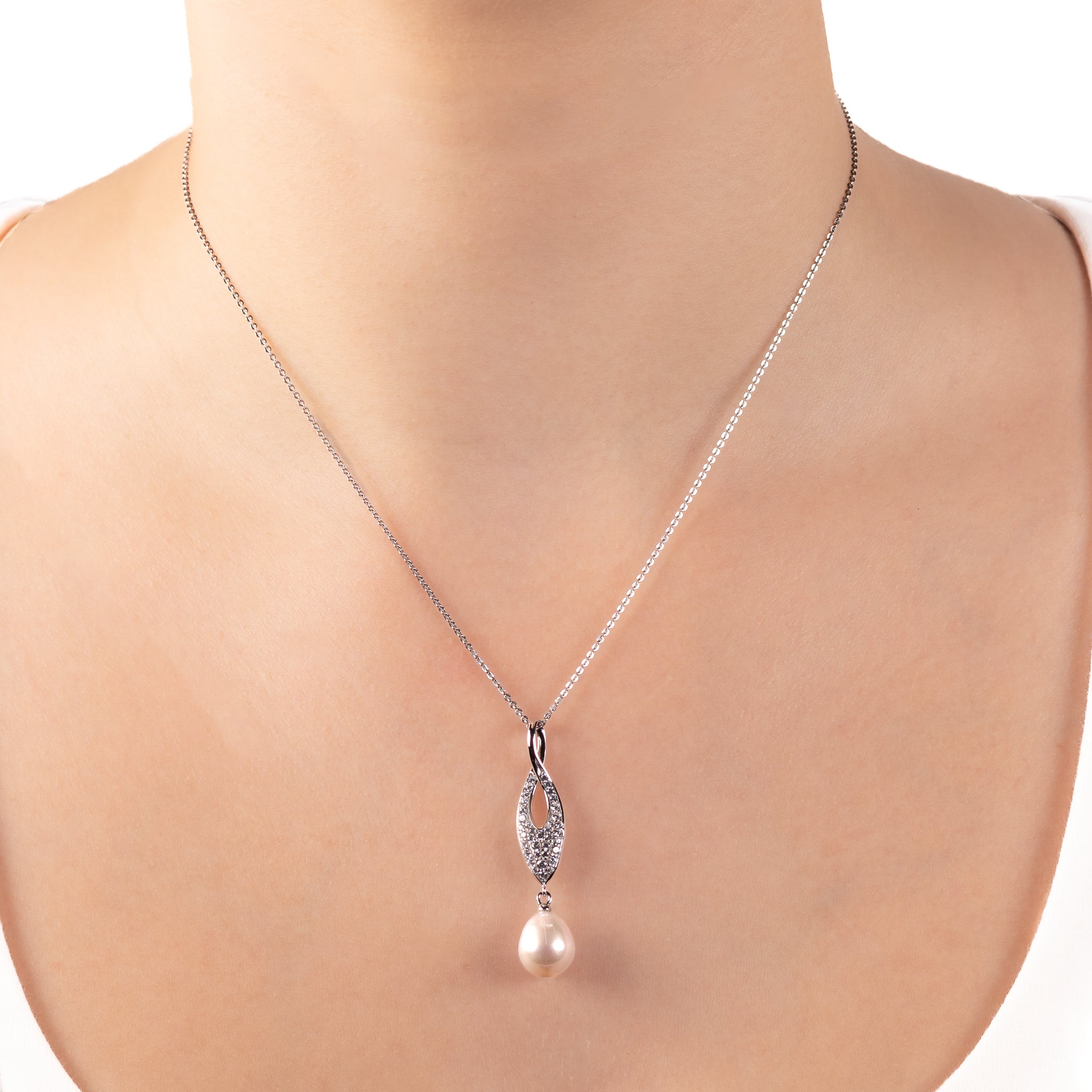 Sterling Silver 9.5-10mm Freshwater Pearl and Cubic Zirconia Pendant on a model