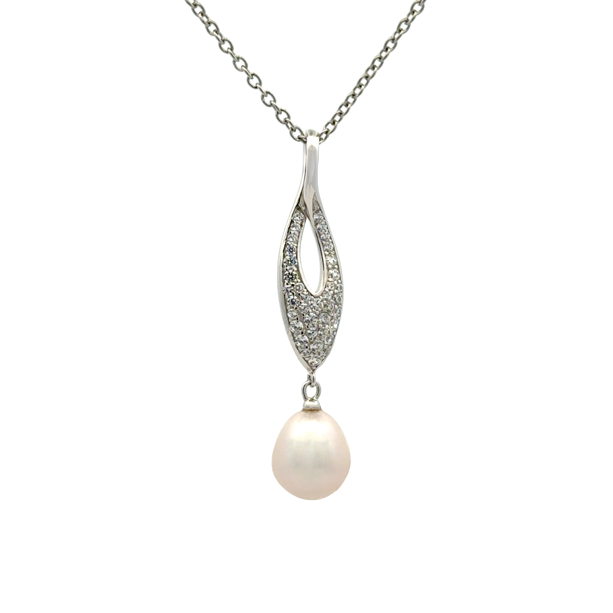 Sterling Silver 9.5-10mm Freshwater Pearl and Cubic Zirconia Pendant front view on a white background