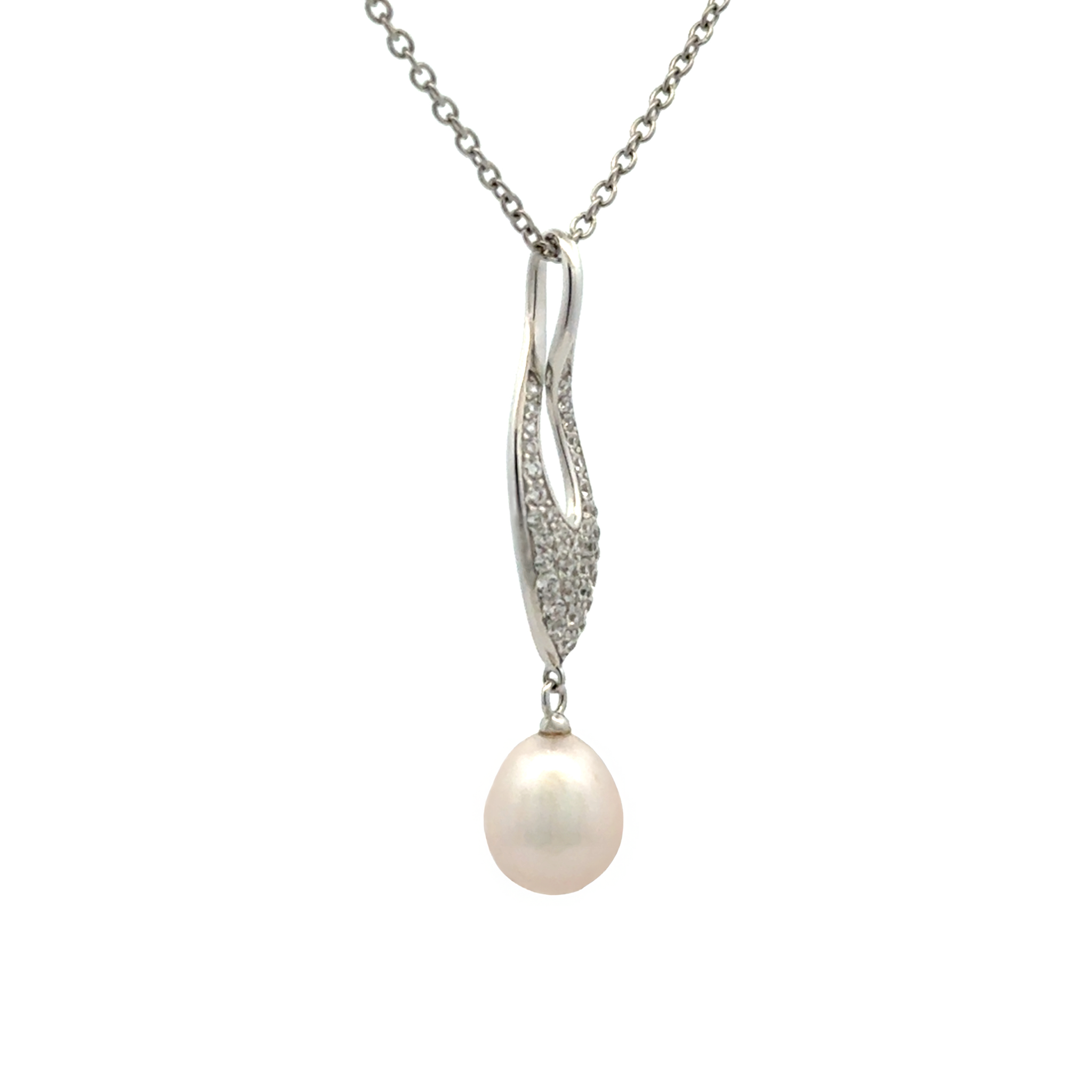 Sterling Silver 9.5-10mm Freshwater Pearl and Cubic Zirconia Pendant side view on a white background
